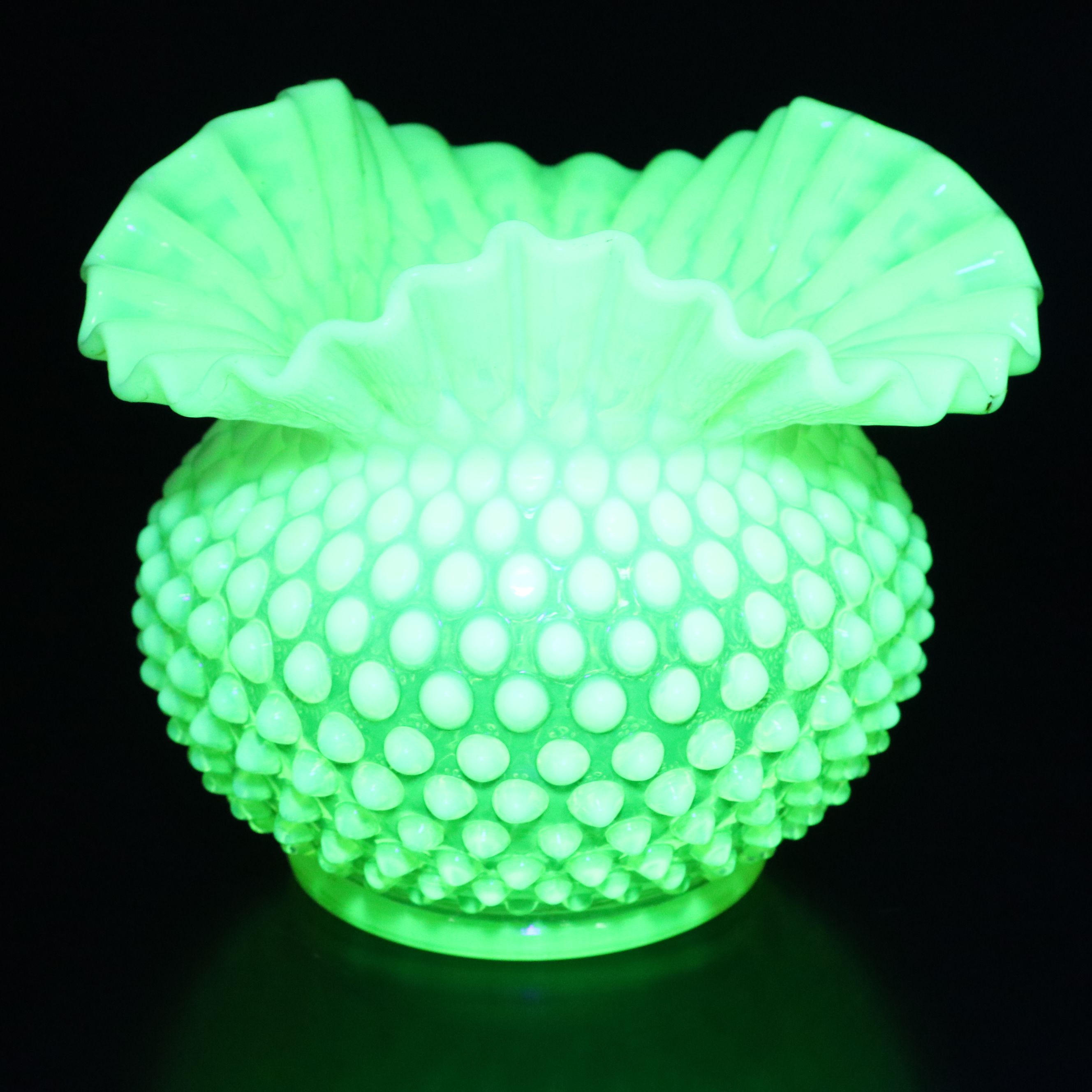 Fenton Hobnail Vaseline Opalescent Glass Basket, Candy Dish and Vase