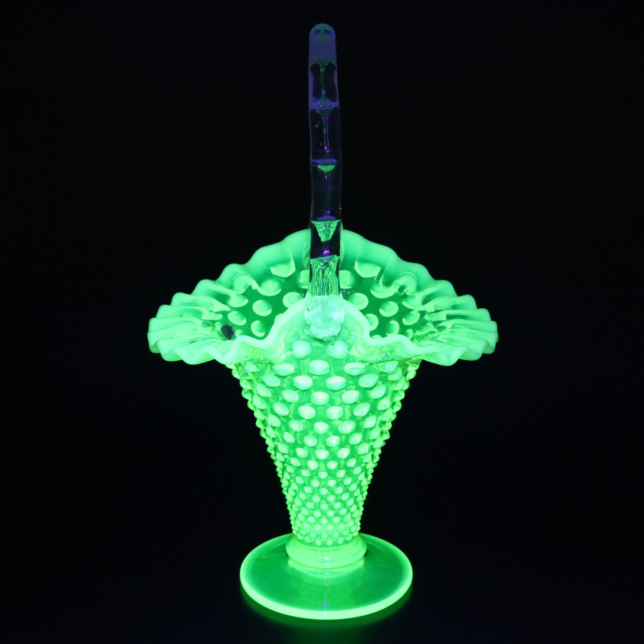 Fenton Hobnail Vaseline Opalescent Glass Basket, Candy Dish and Vase