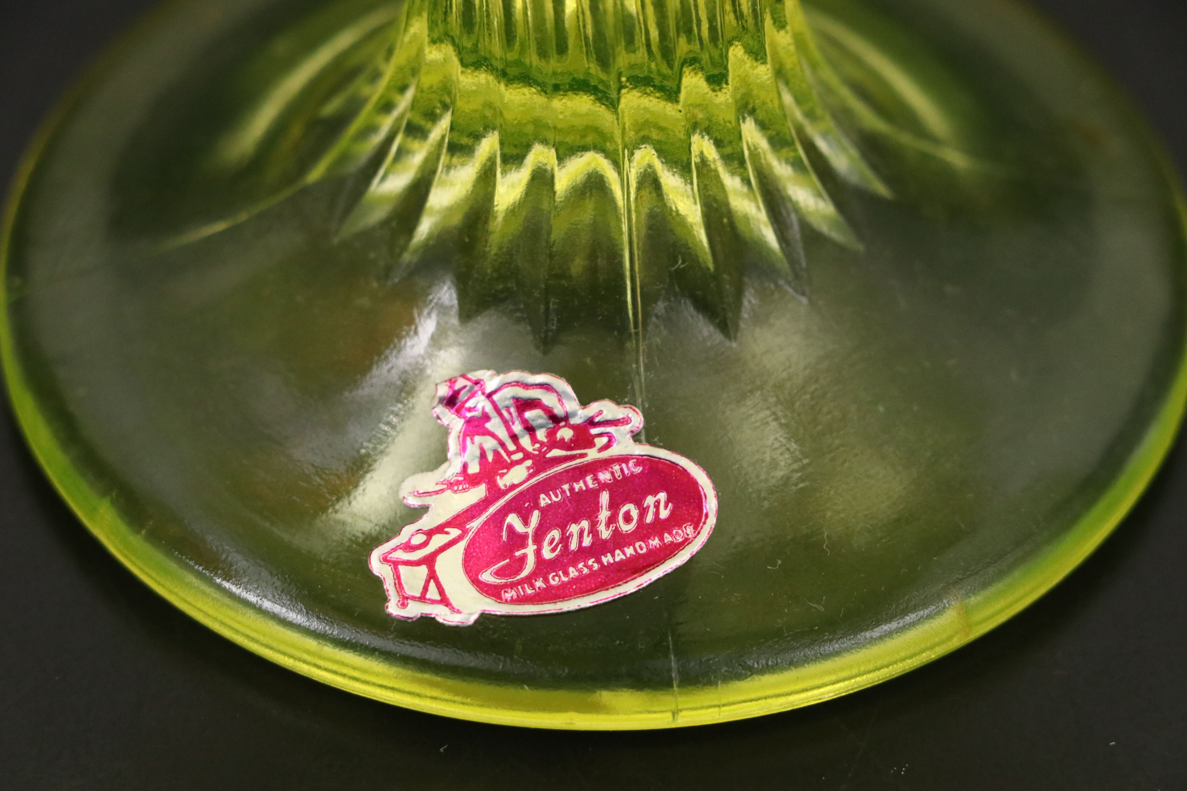 Fenton Hobnail Vaseline Opalescent Glass Basket, Candy Dish and Vase