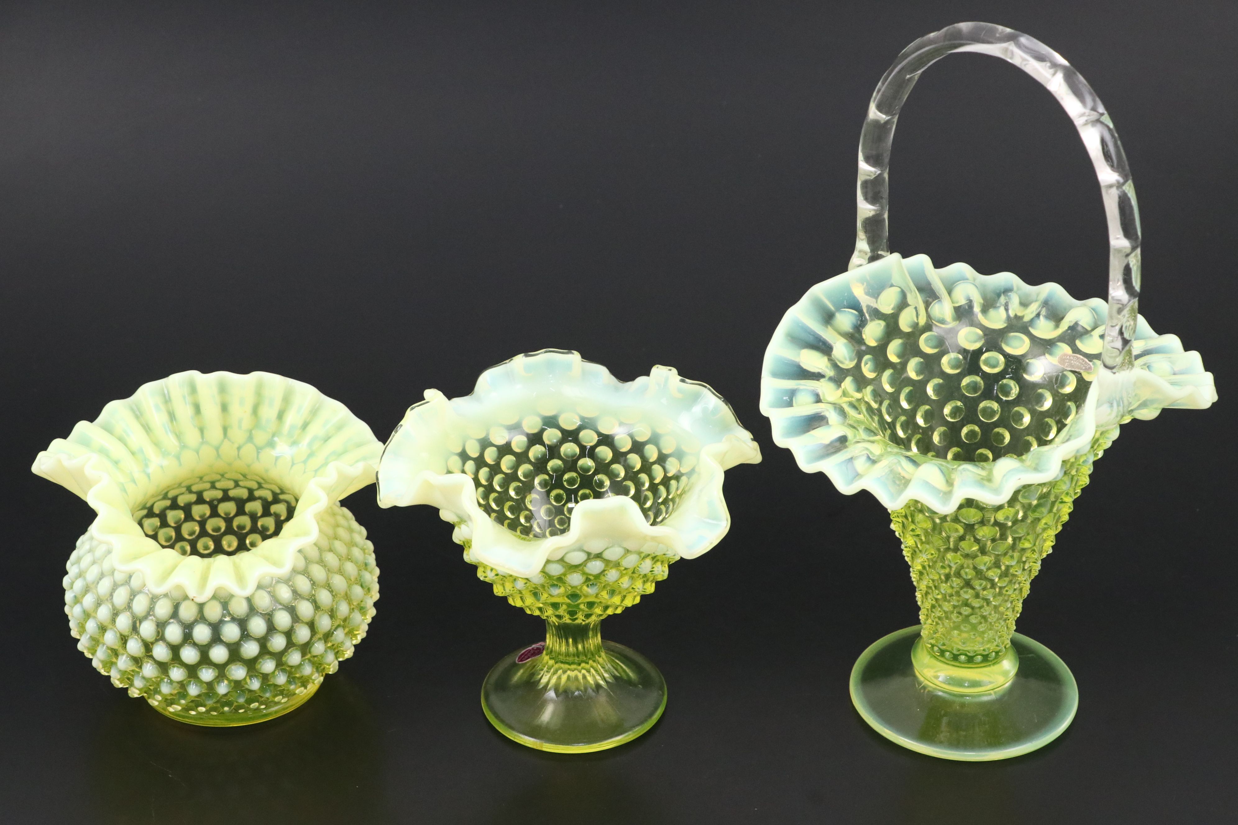 Fenton Hobnail Vaseline Opalescent Glass Basket, Candy Dish and Vase