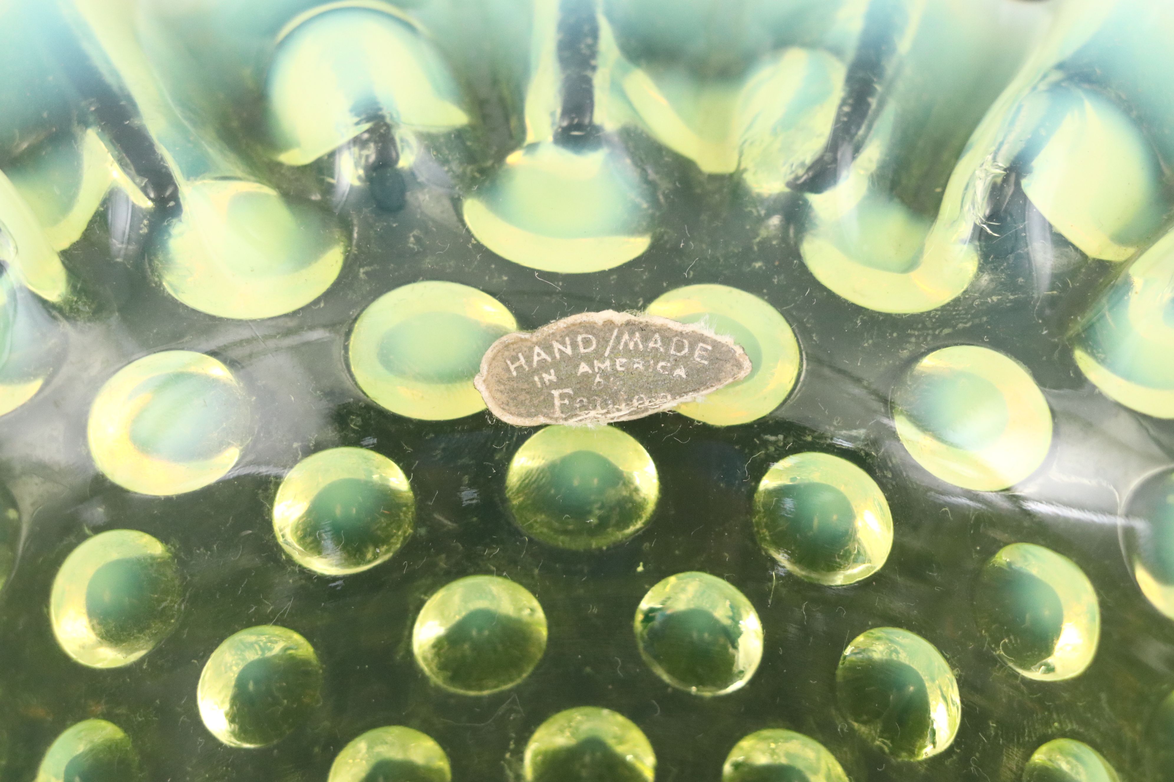 Fenton Hobnail Vaseline Opalescent Glass Basket, Candy Dish and Vase