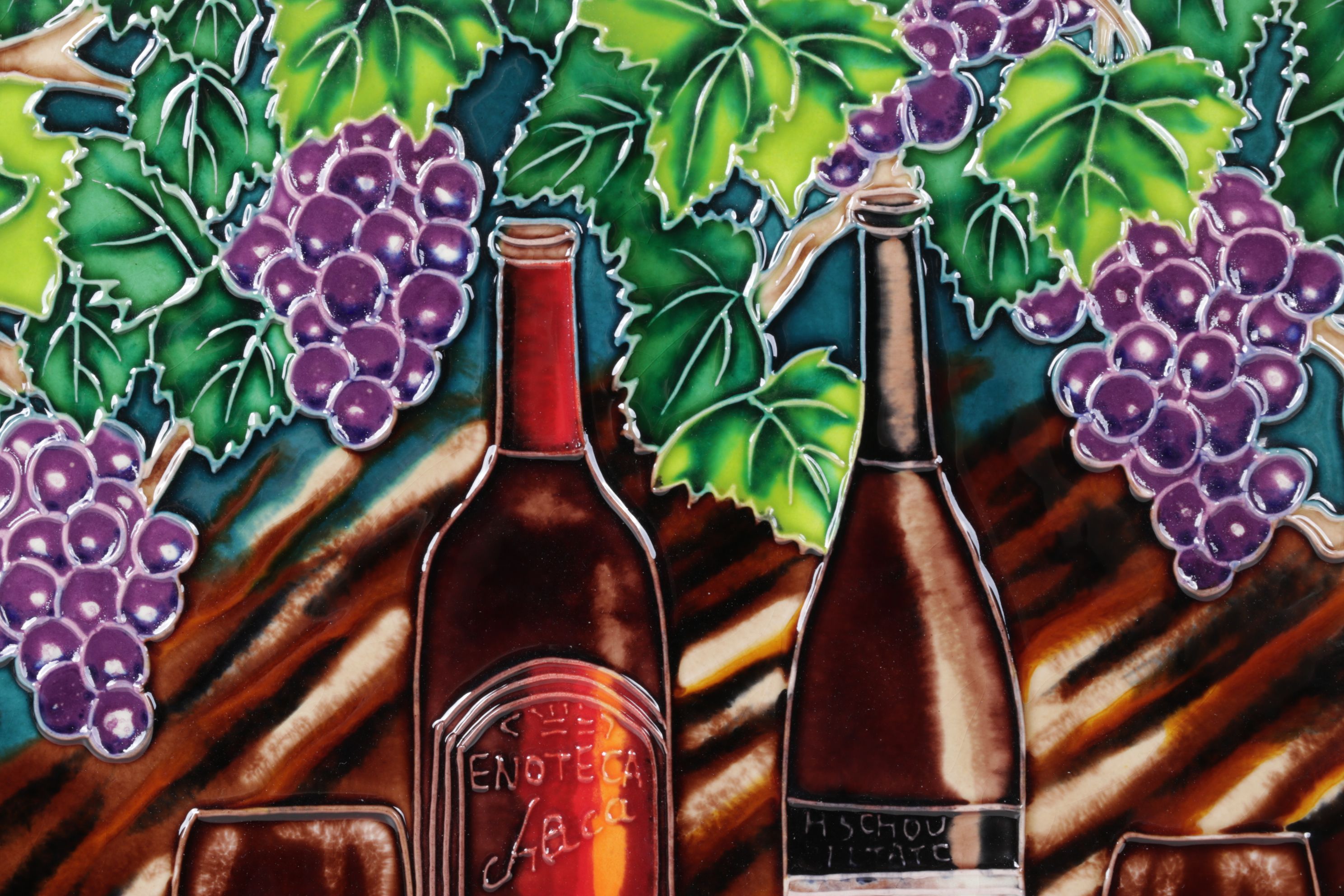 Ping Hand-Painted Ceramic Wall Tile Still Life of Wine and Charcuterie