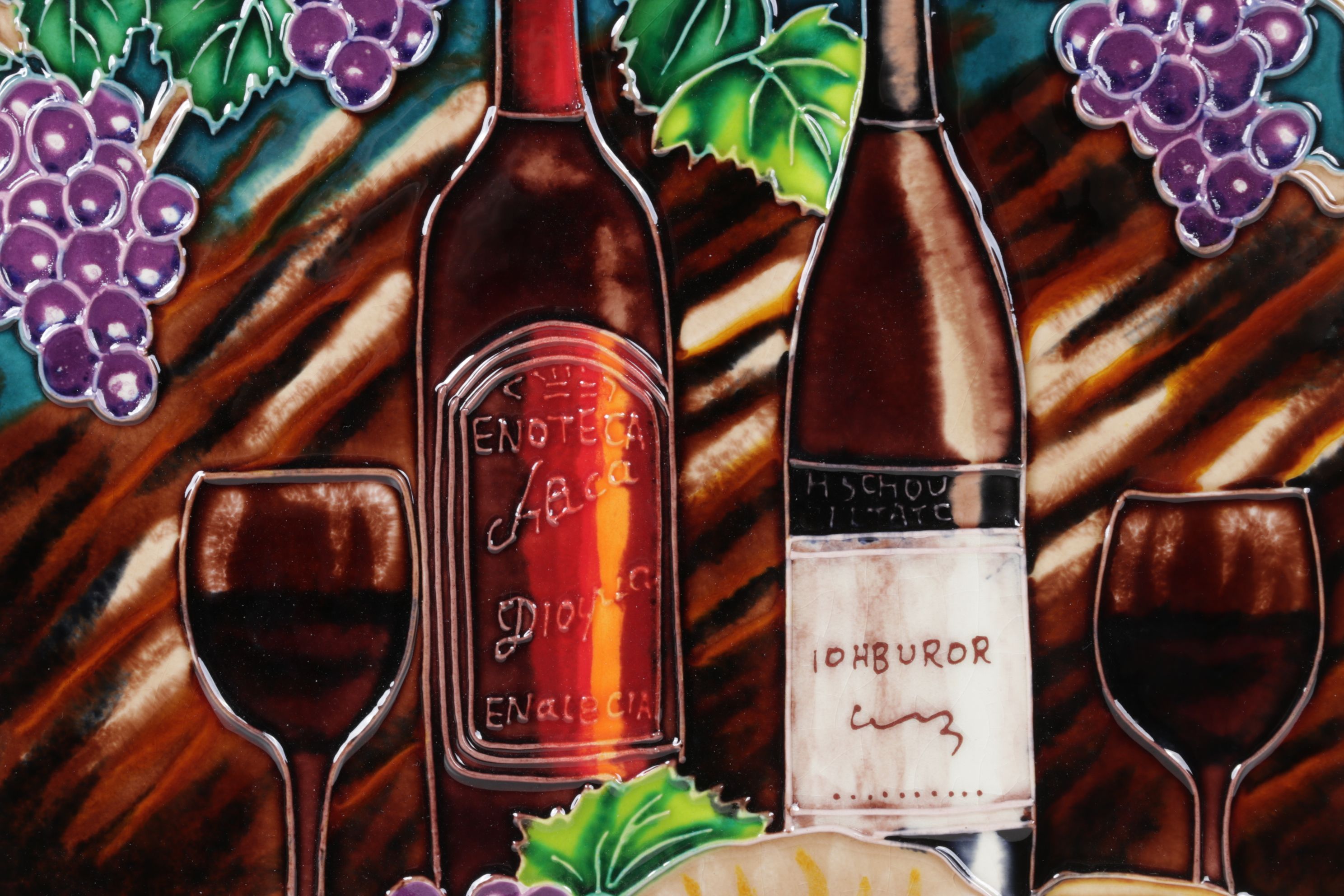 Ping Hand-Painted Ceramic Wall Tile Still Life of Wine and Charcuterie