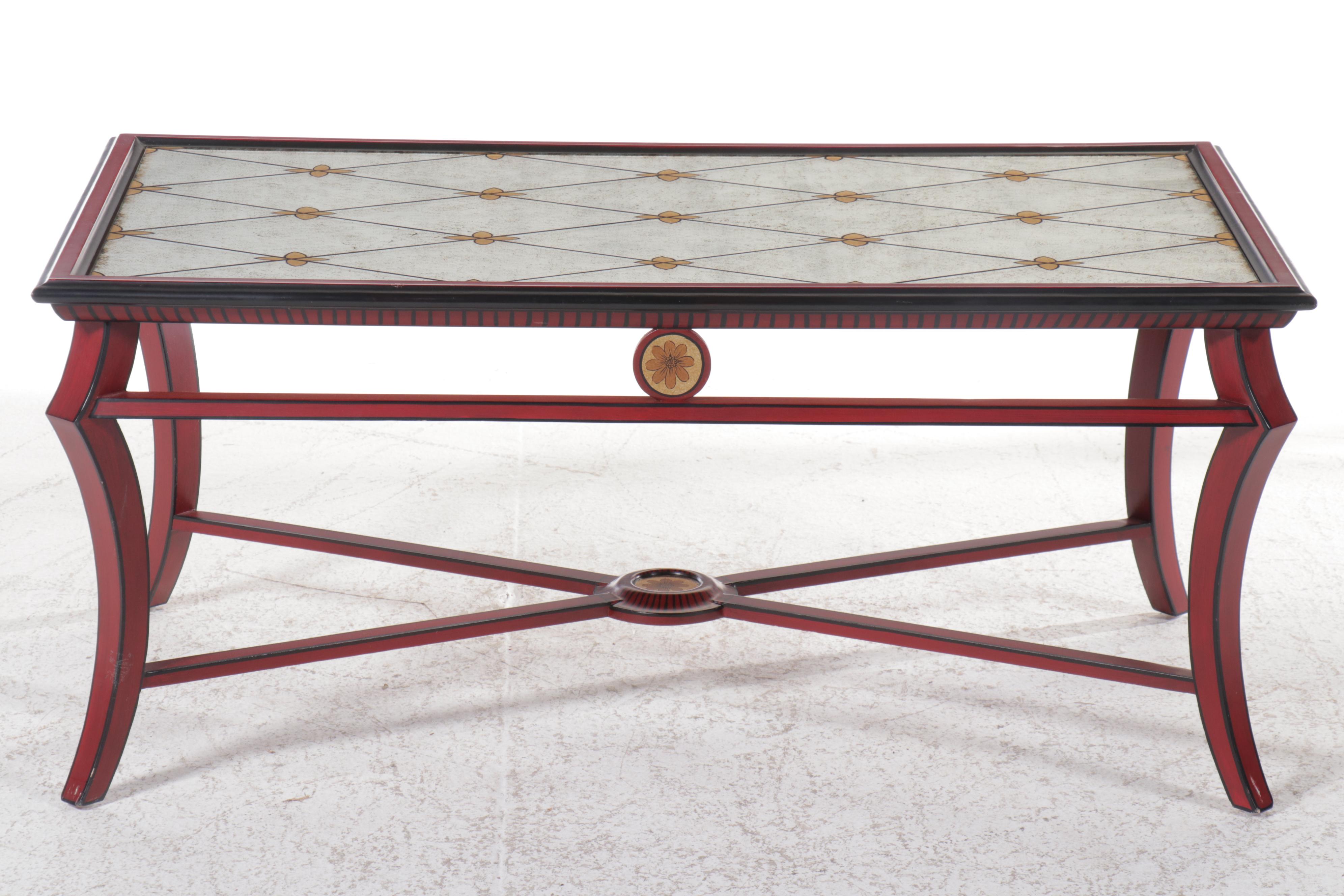 Neoclassical Style Red-Painted Cocktail Table with Verre Eglomise Top