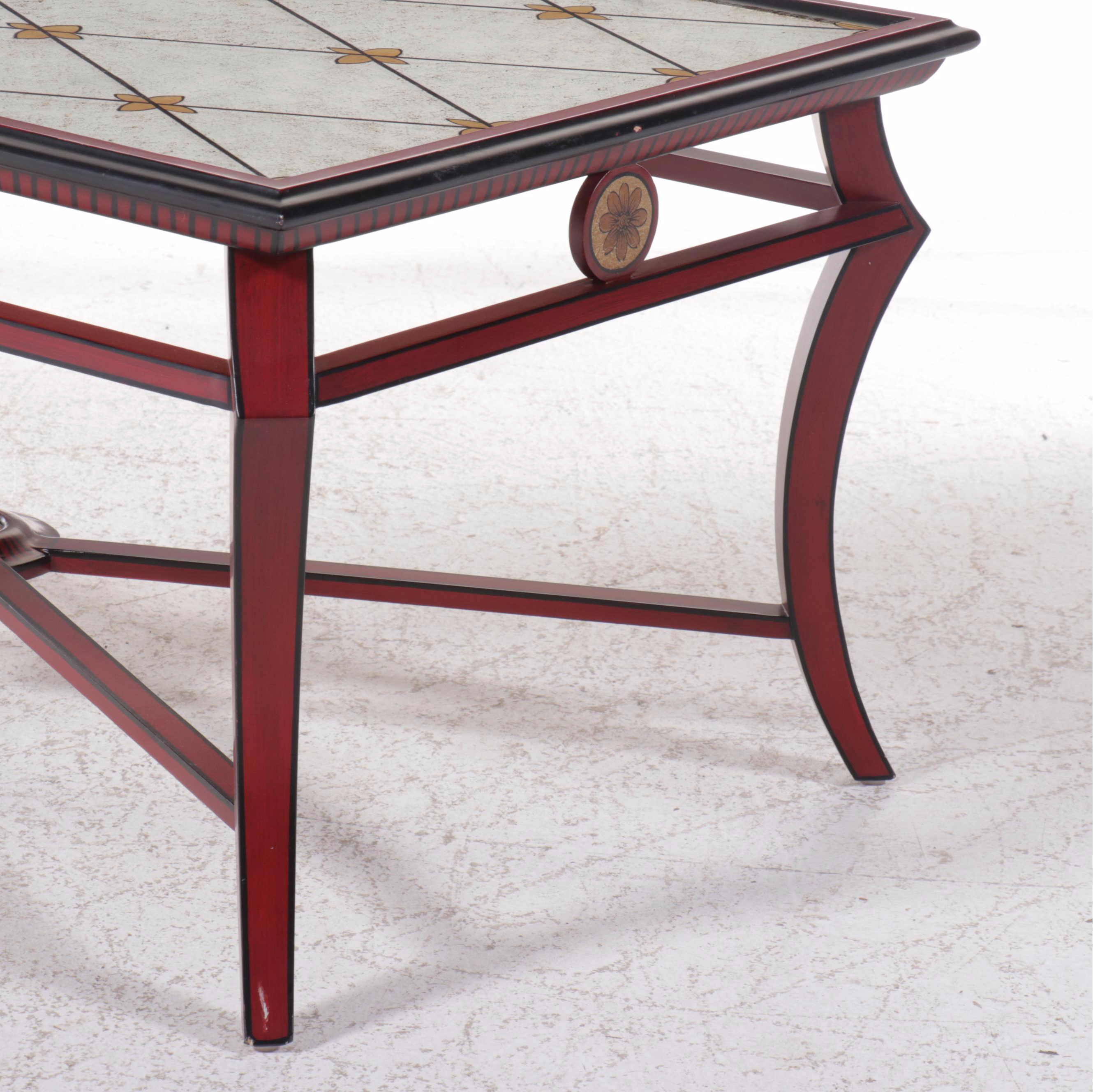 Neoclassical Style Red-Painted Cocktail Table with Verre Eglomise Top