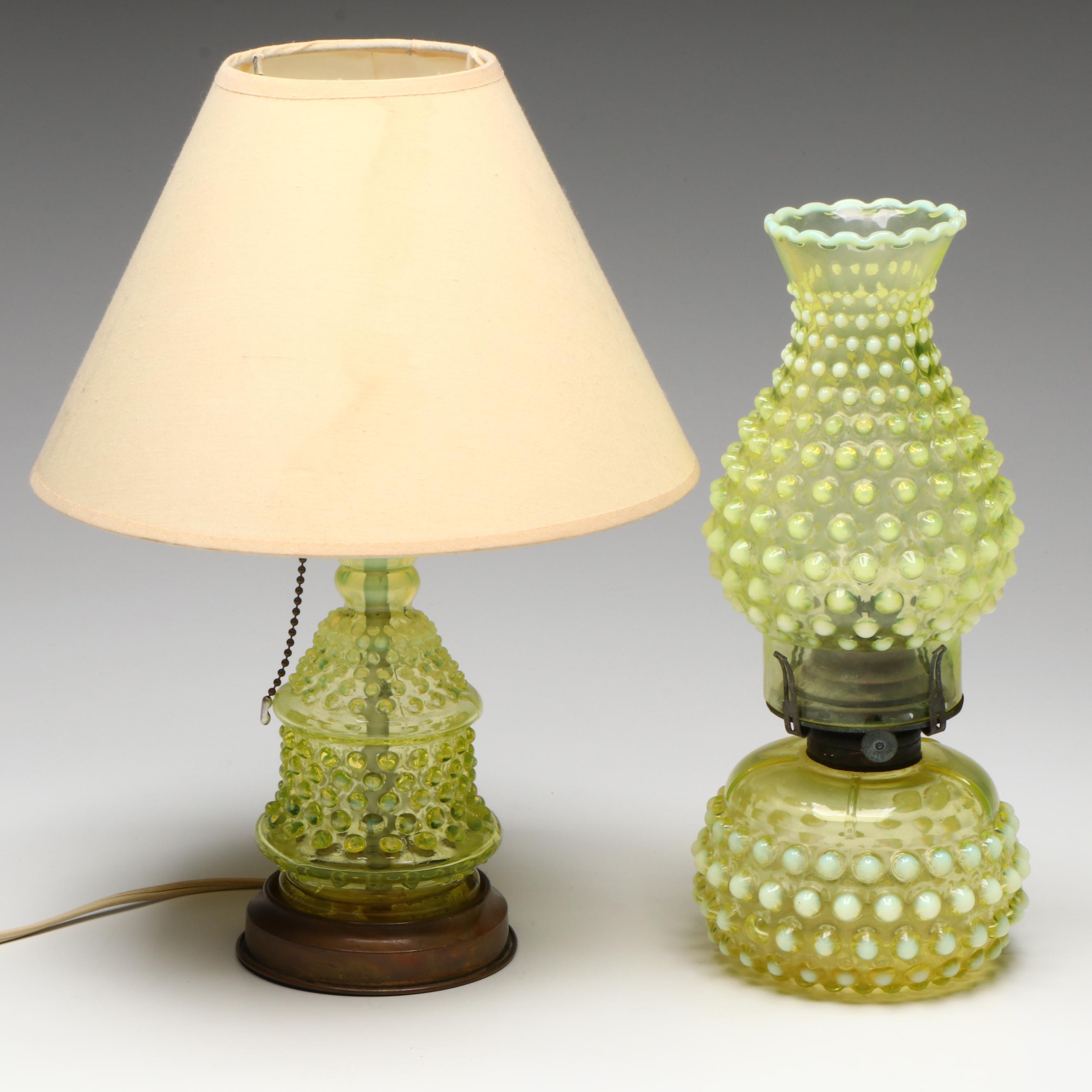 Hobnail Vaseline Opalescent Glass Oil Lamp and Table Lamp