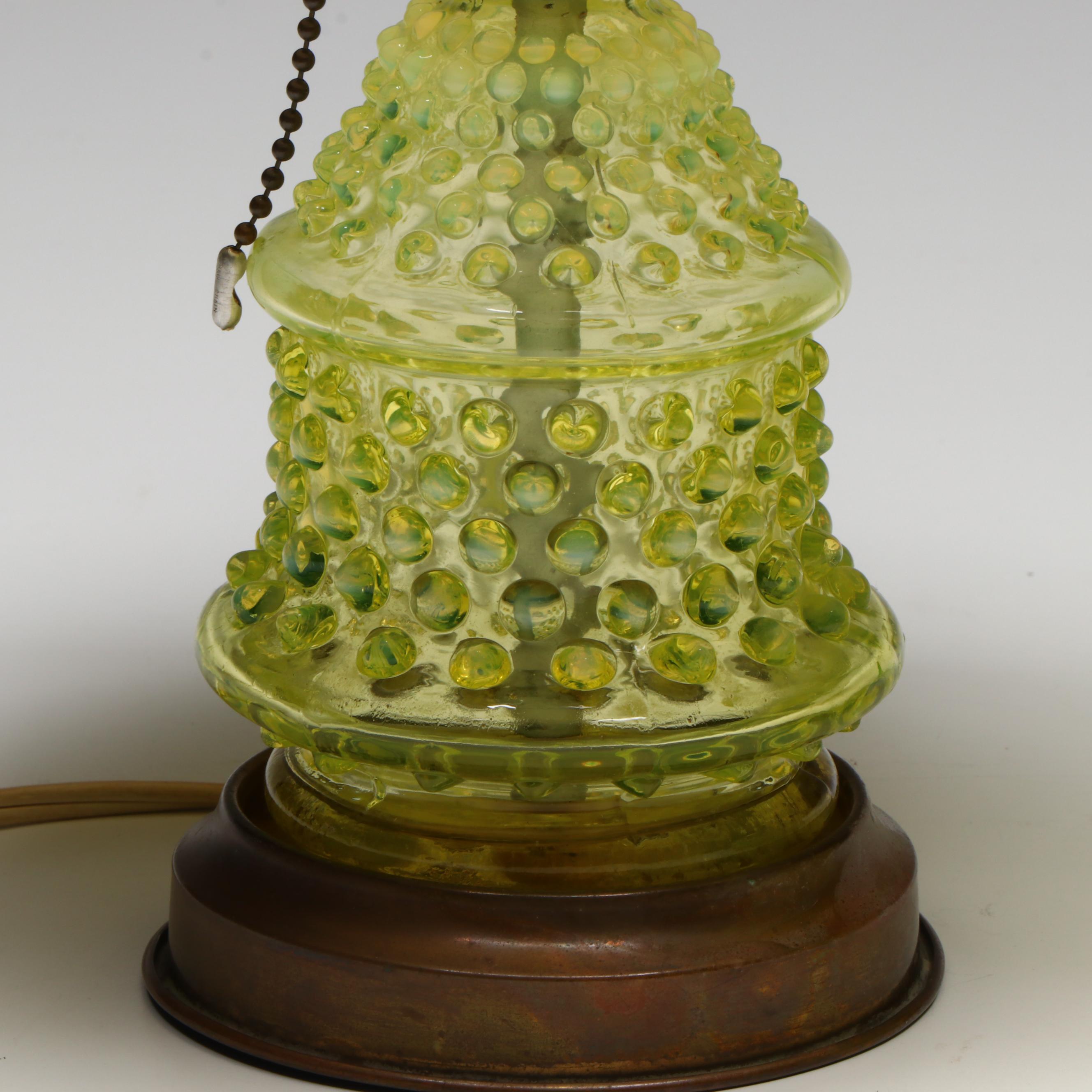 Hobnail Vaseline Opalescent Glass Oil Lamp and Table Lamp