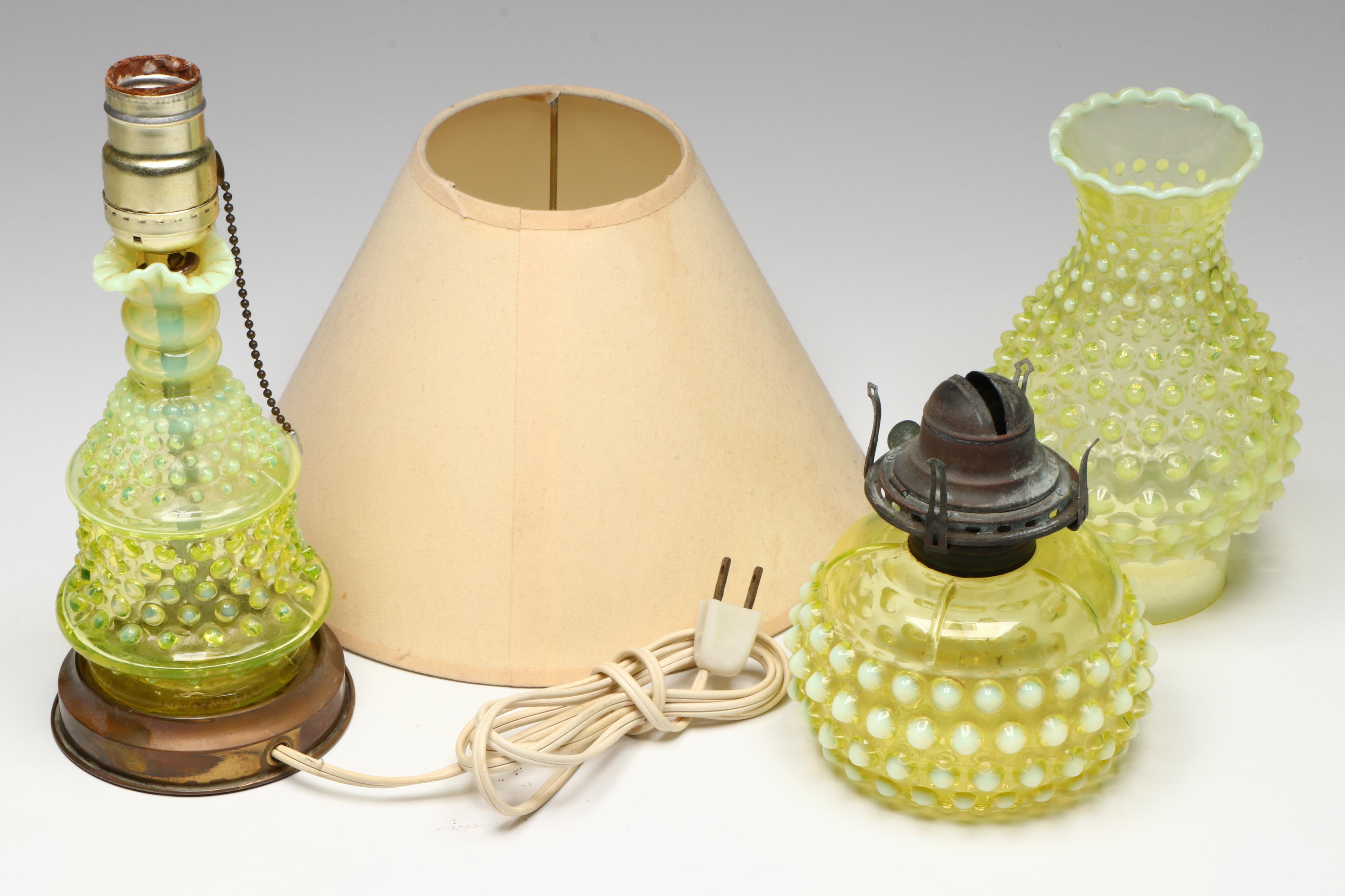 Hobnail Vaseline Opalescent Glass Oil Lamp and Table Lamp
