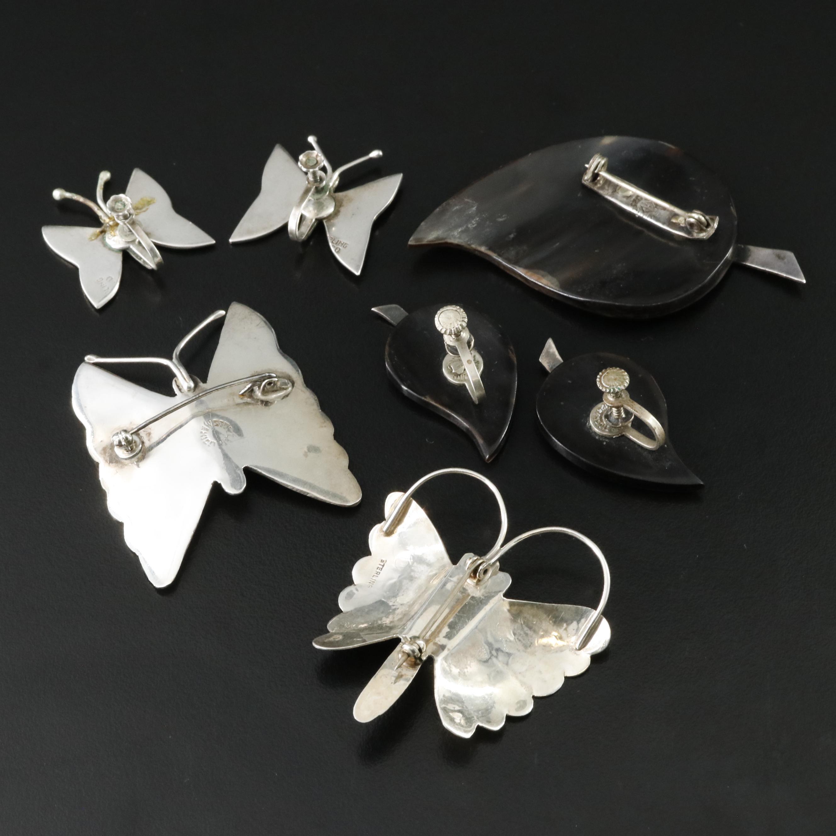 Vintage Mexican Taxco Sterling Gemstone Brooches and Earrings