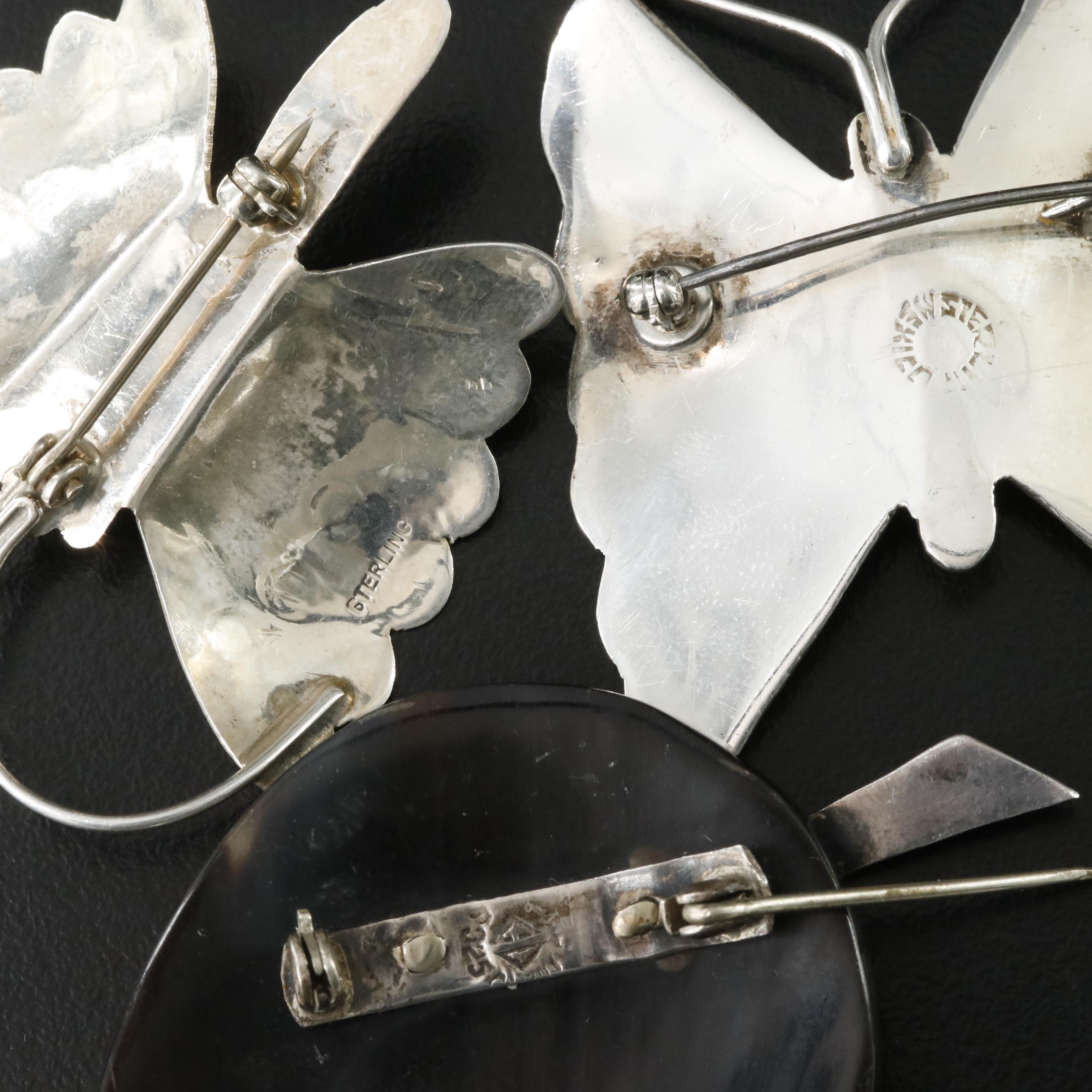 Vintage Mexican Taxco Sterling Gemstone Brooches and Earrings