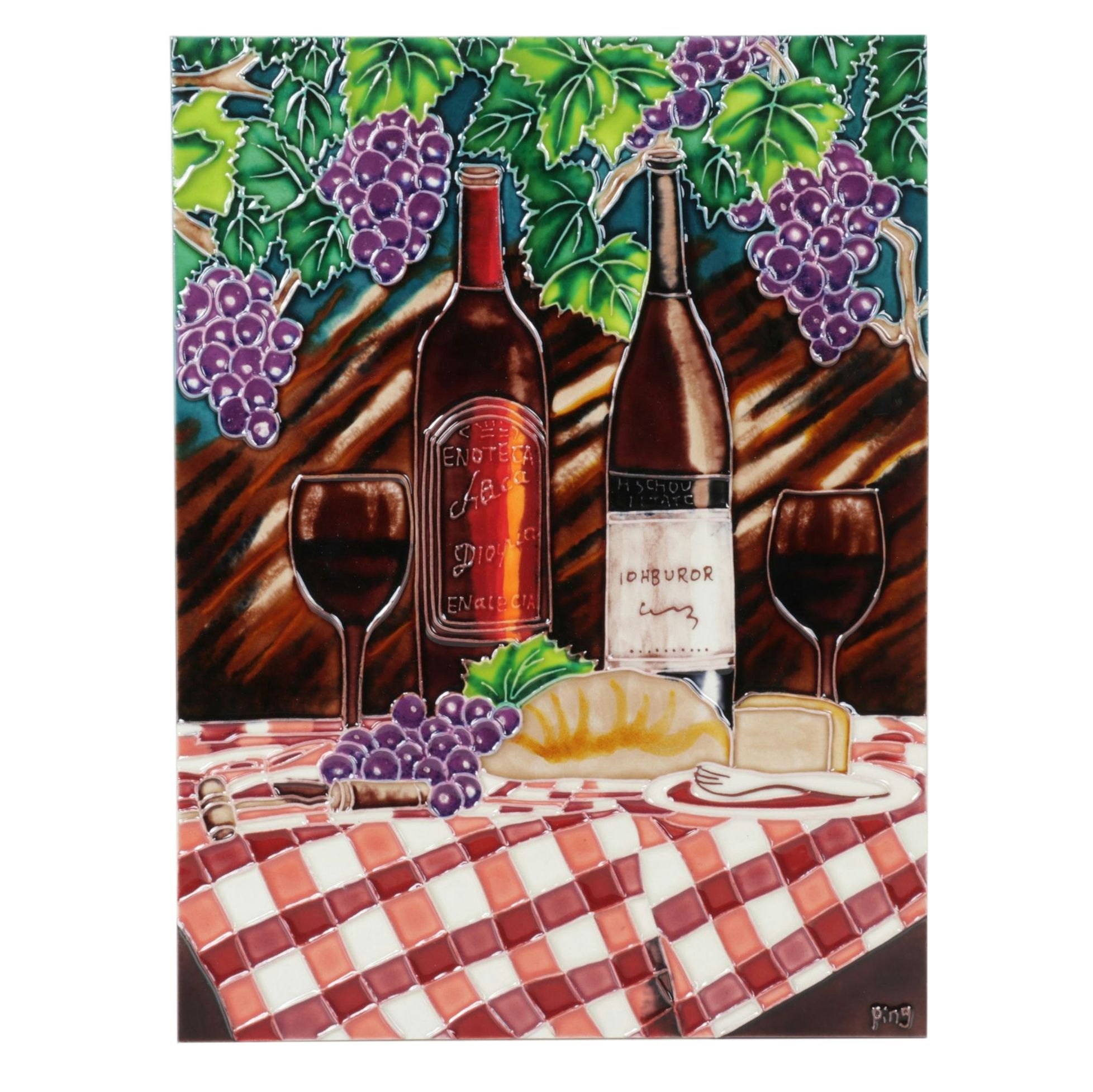 Ping Hand-Painted Ceramic Wall Tile Still Life of Wine and Charcuterie