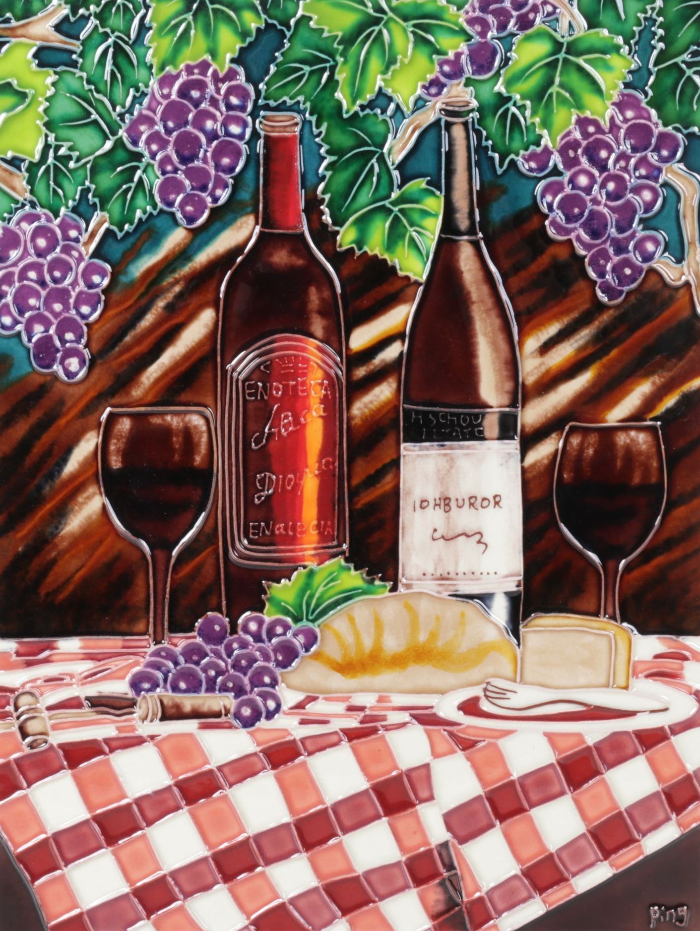 Ping Hand-Painted Ceramic Wall Tile Still Life of Wine and Charcuterie