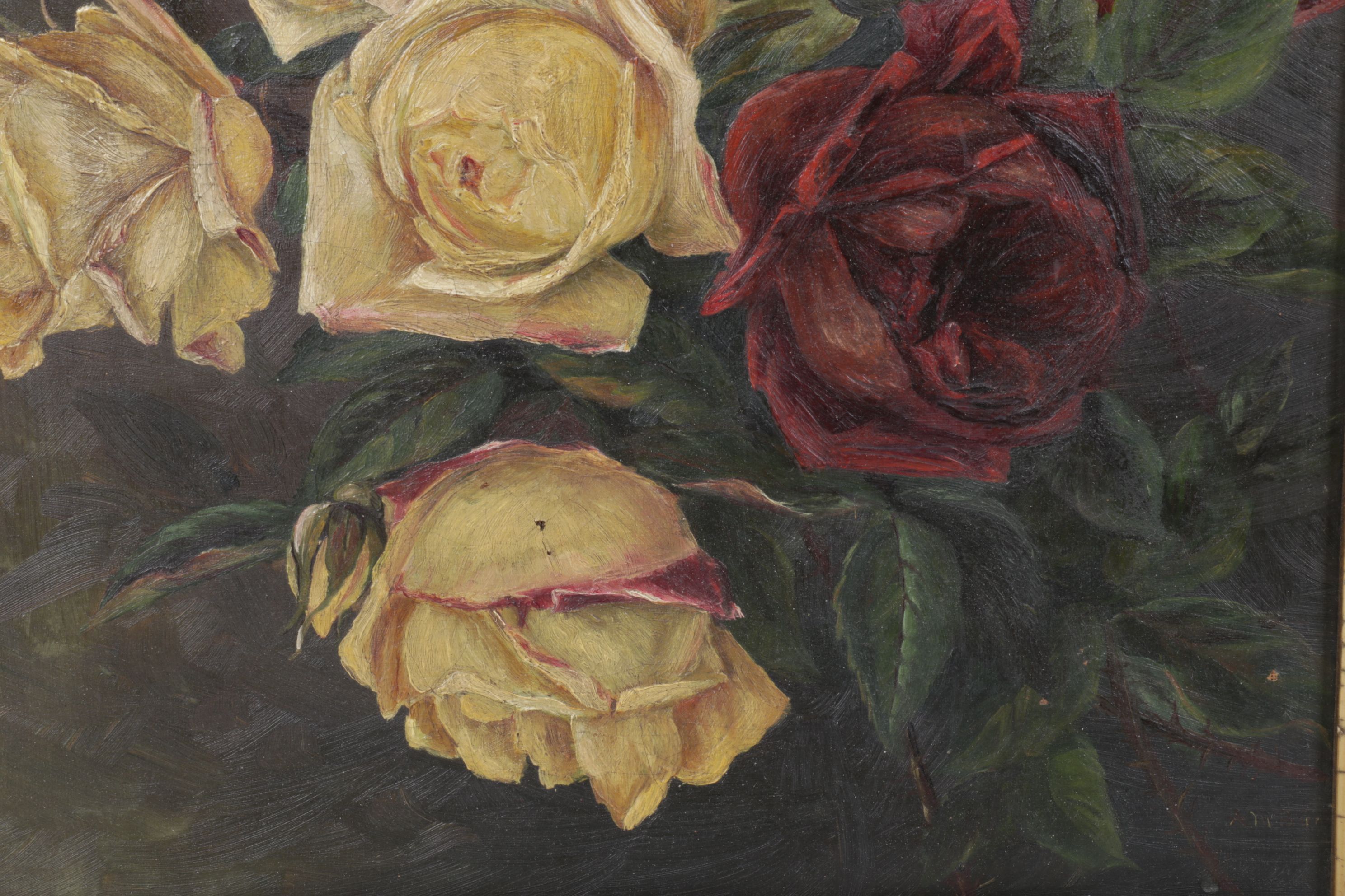 Still Life Oil Painting of Bouquet of Lemon and Cherry Colored Roses