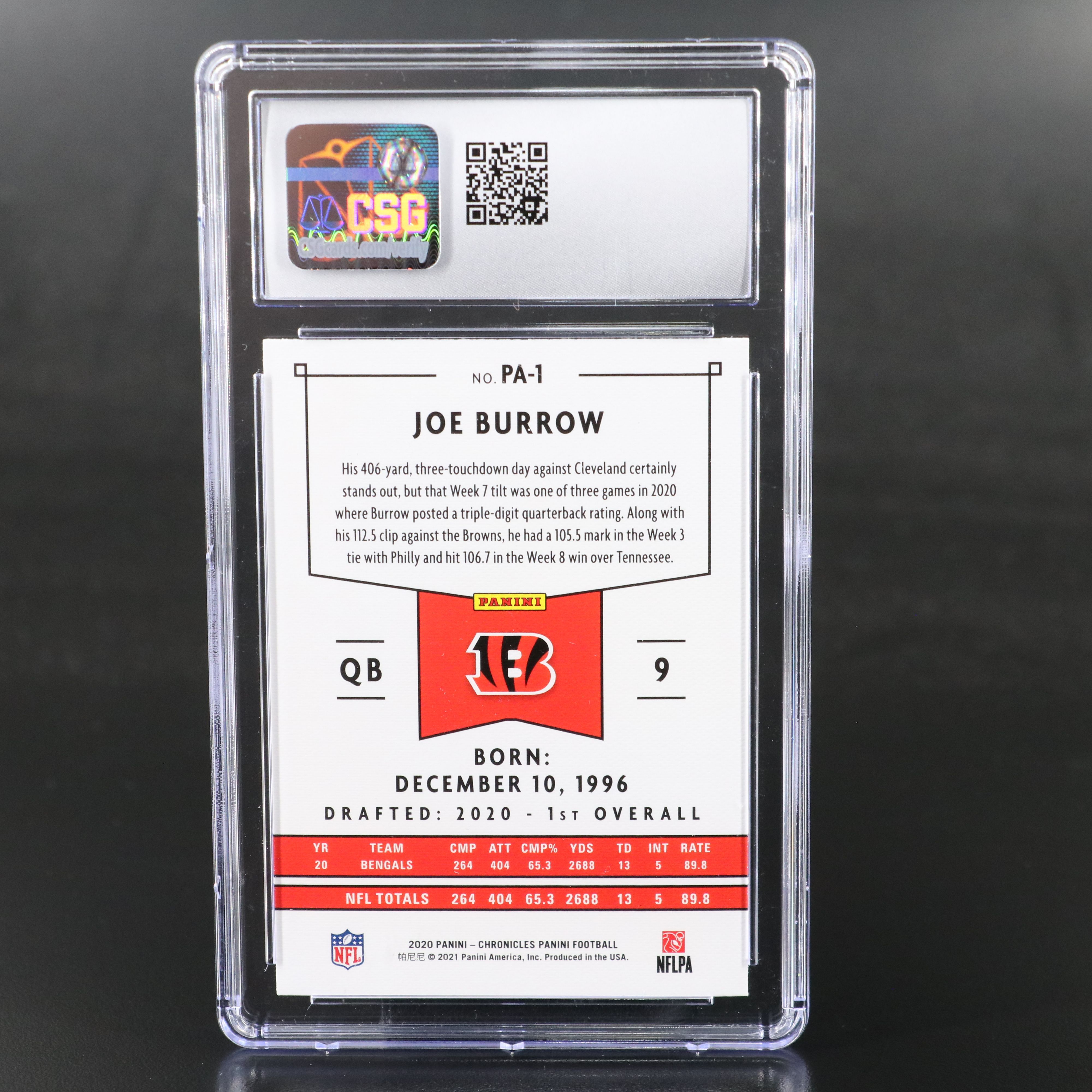 2020 Panini Chronicles Joe Burrow Rookie Football Card Graded CSG 10