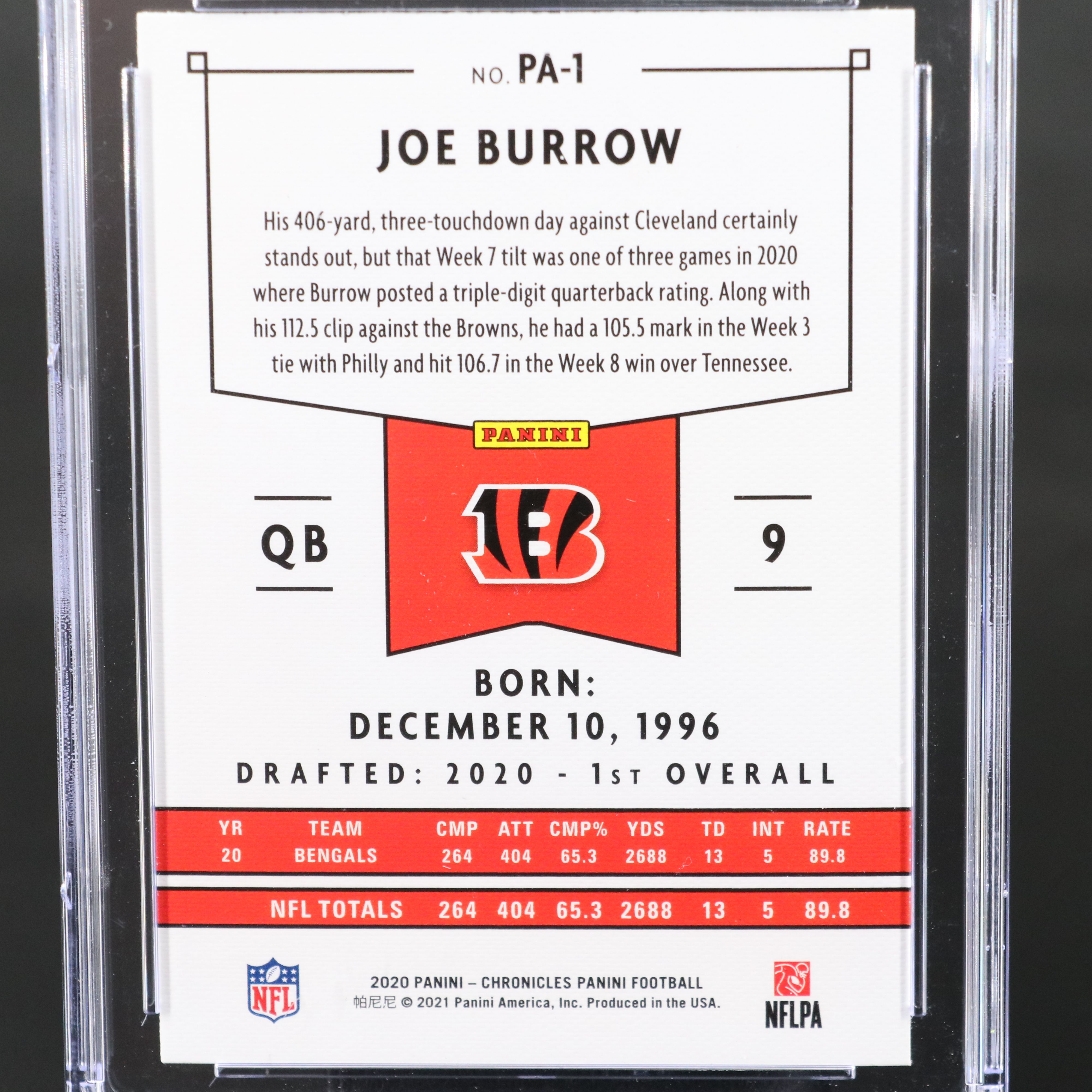 2020 Panini Chronicles Joe Burrow Rookie Football Card Graded CSG 10