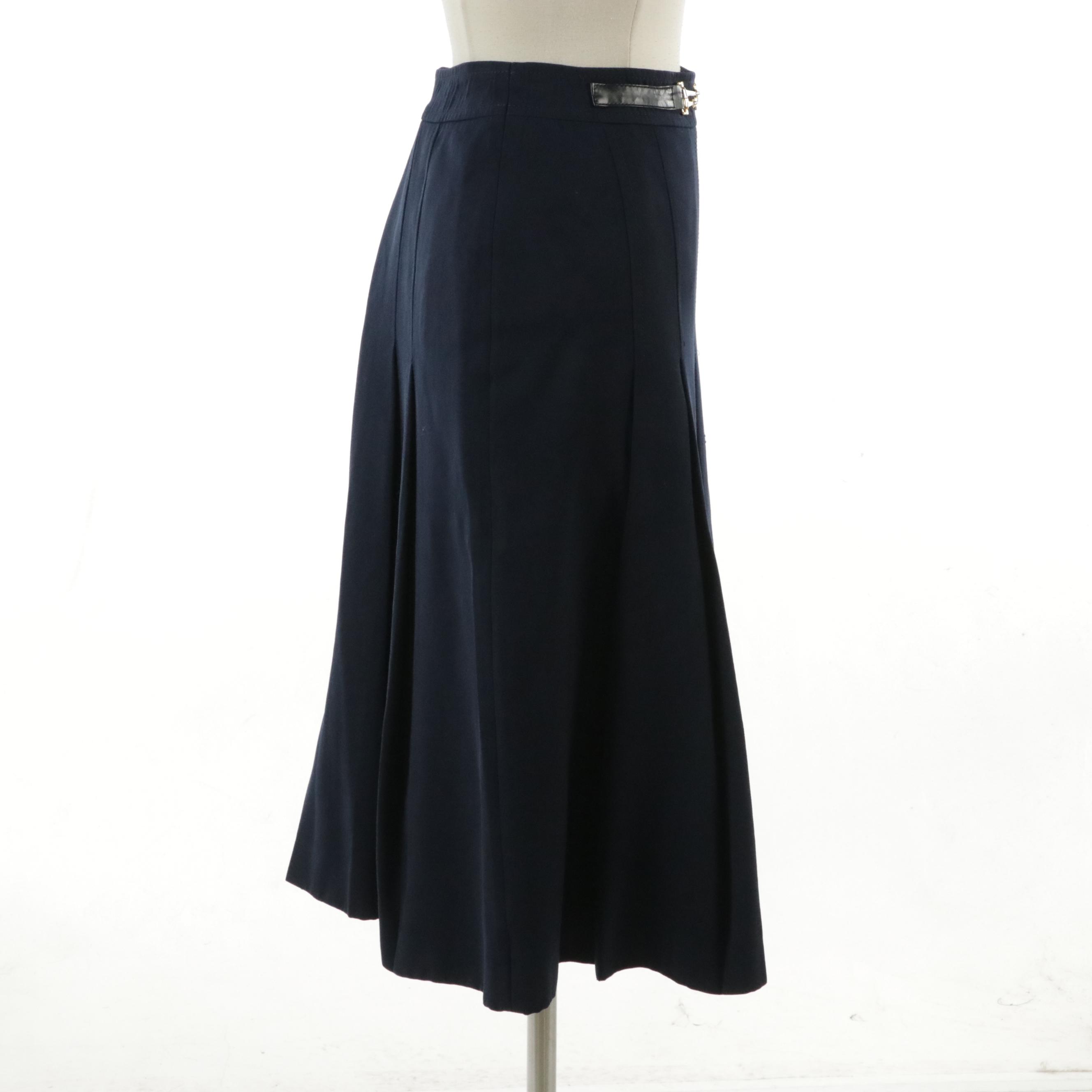 Céline Navy Blue Wool Panel Pleated Skirt with Horse Bit/Leather Detail on Waist