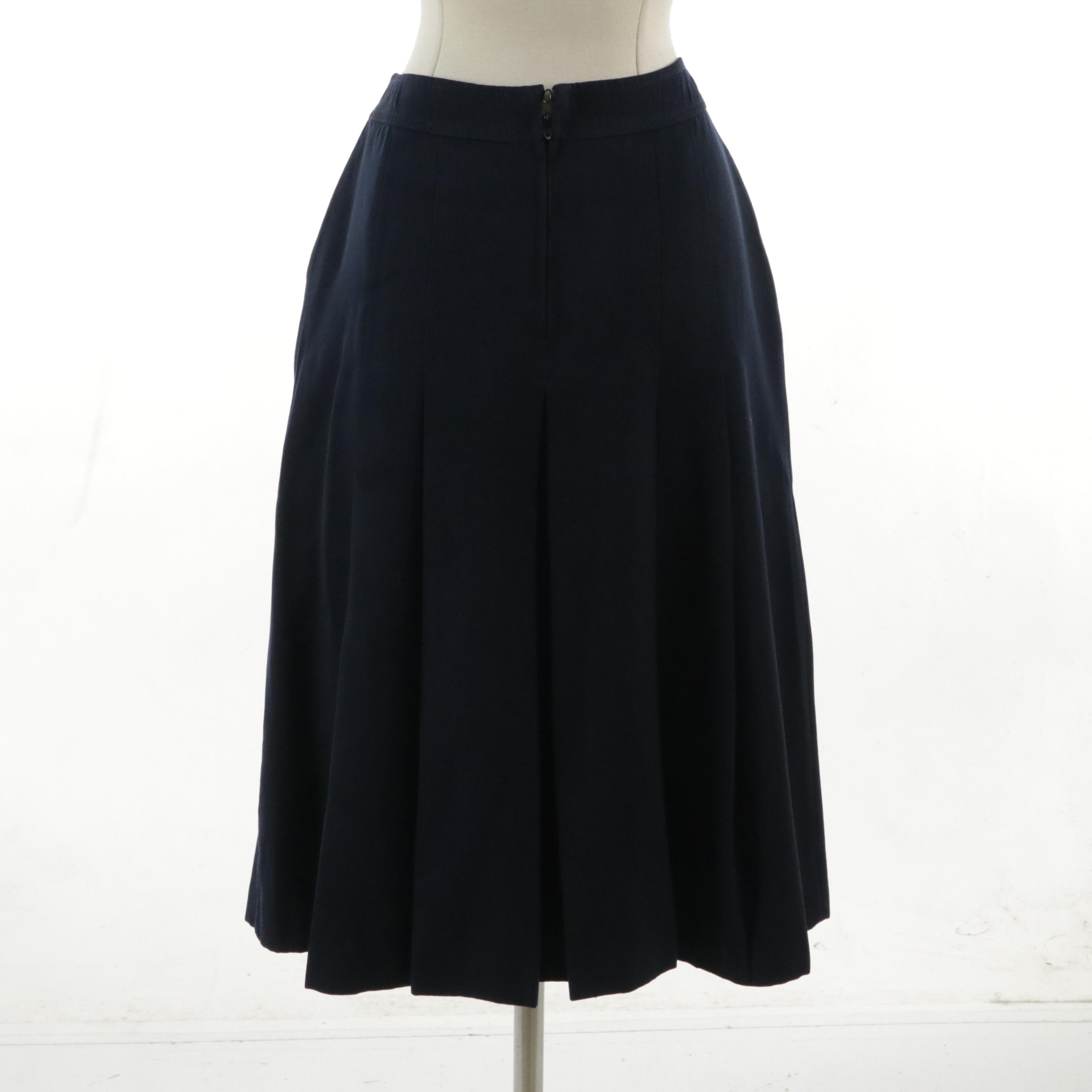 Céline Navy Blue Wool Panel Pleated Skirt with Horse Bit/Leather Detail on Waist