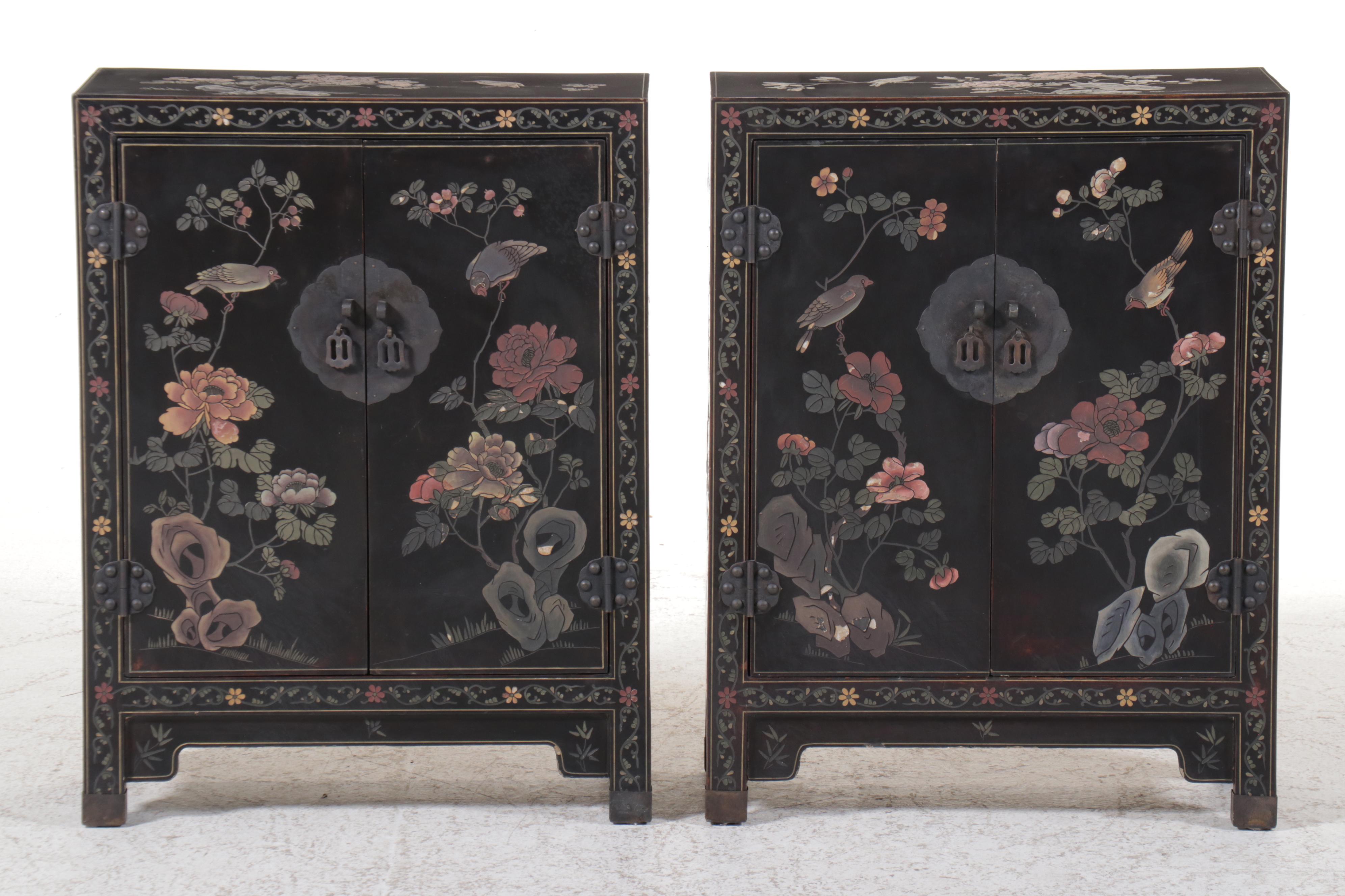 Pair of Chinese Paint Decorated Black Lacquered Cabinets, 20th Century