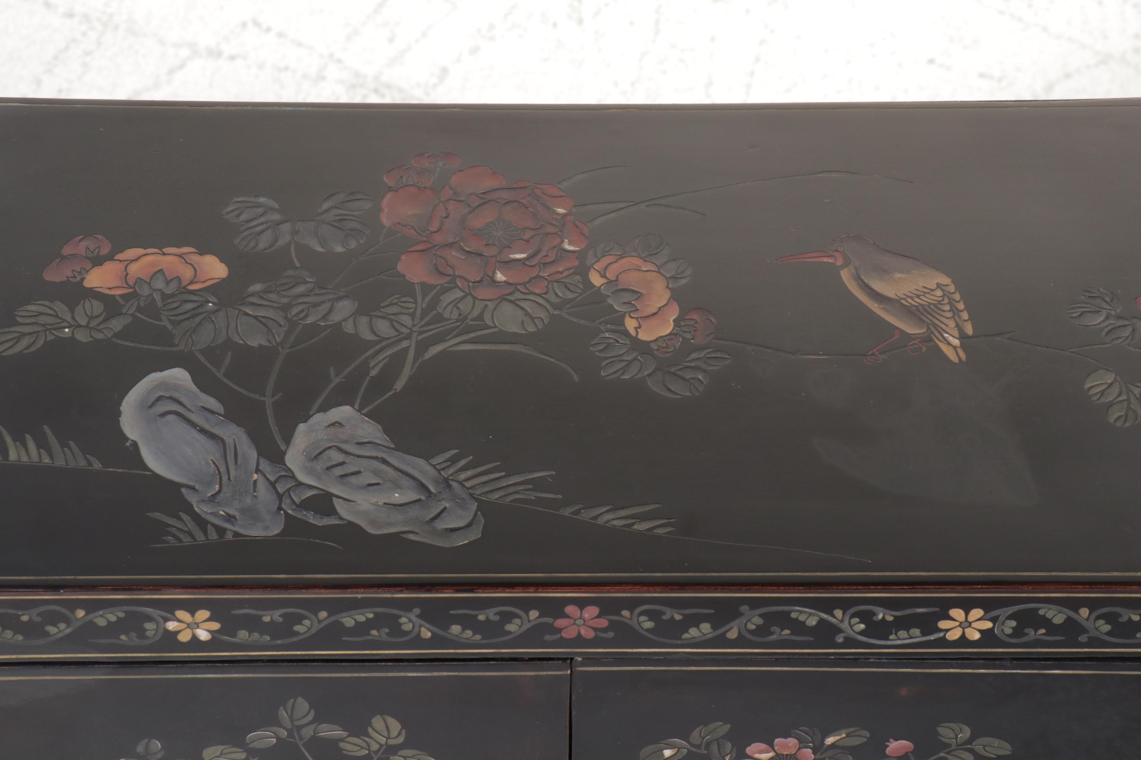 Pair of Chinese Paint Decorated Black Lacquered Cabinets, 20th Century