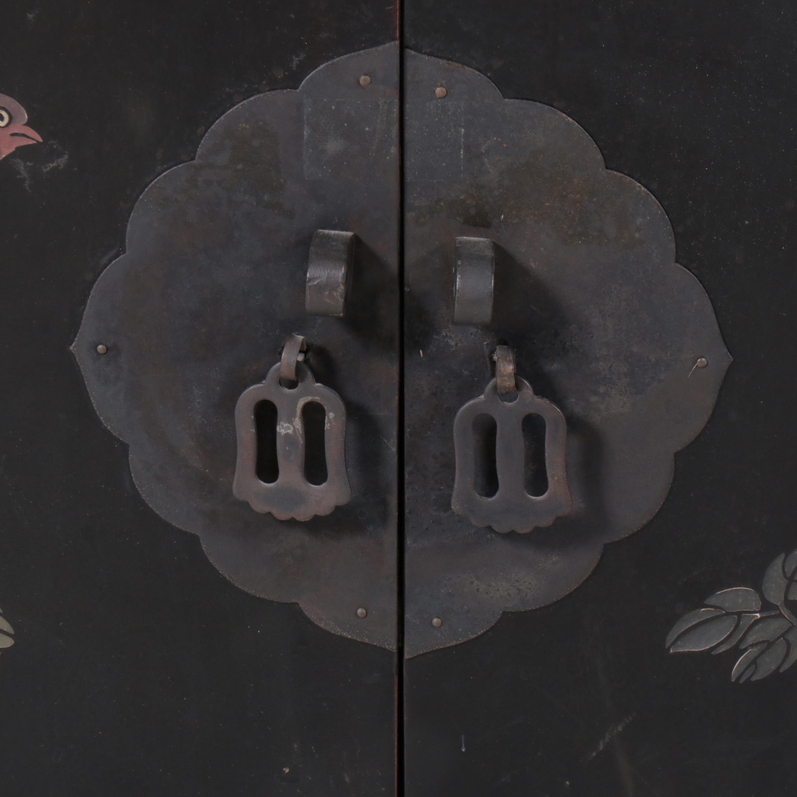 Pair of Chinese Paint Decorated Black Lacquered Cabinets, 20th Century