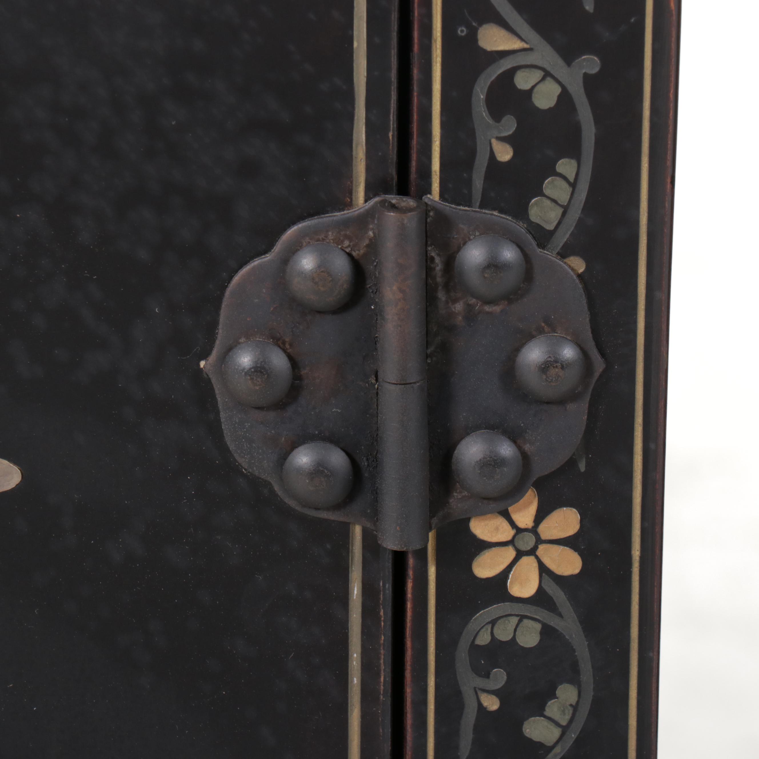 Pair of Chinese Paint Decorated Black Lacquered Cabinets, 20th Century