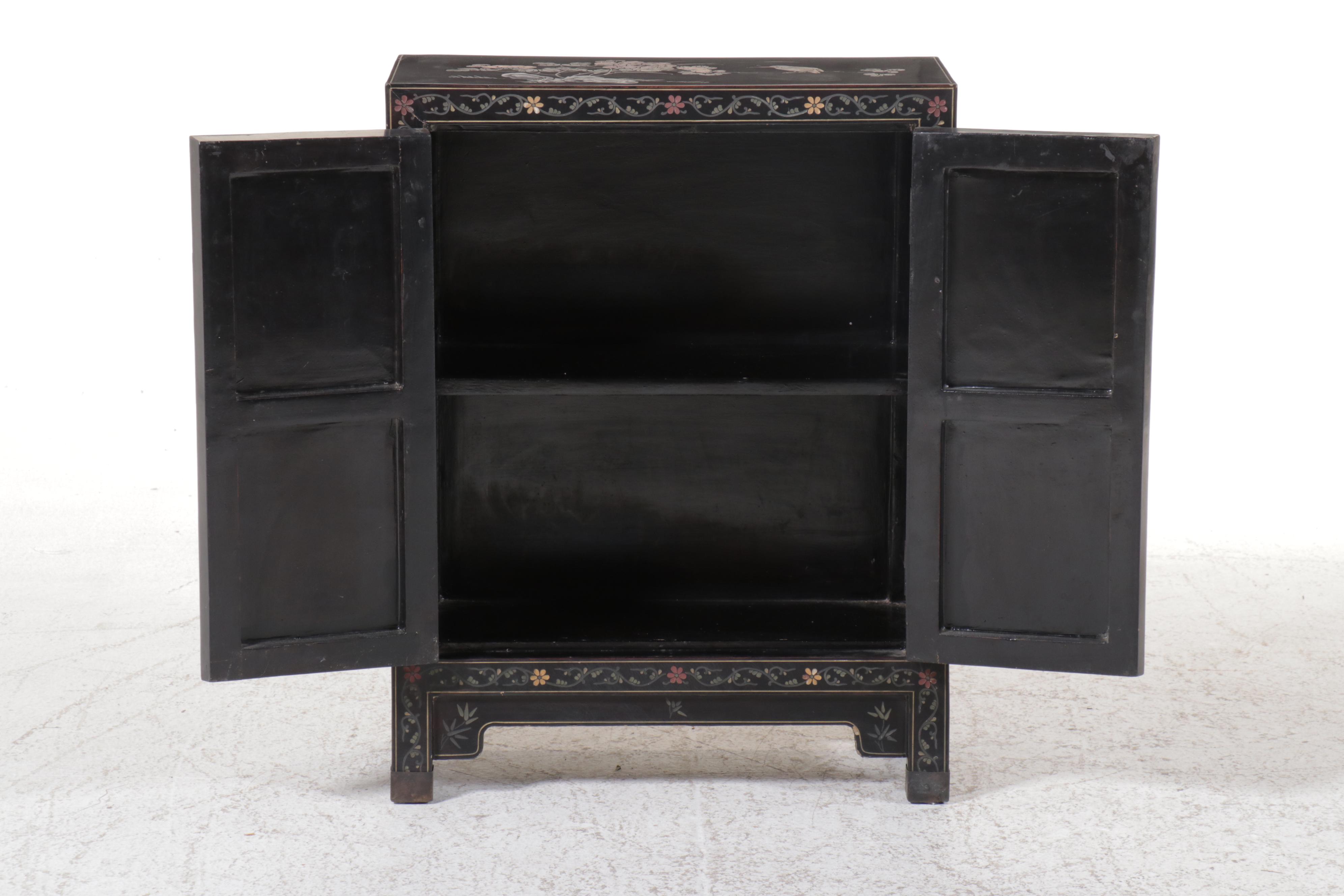 Pair of Chinese Paint Decorated Black Lacquered Cabinets, 20th Century