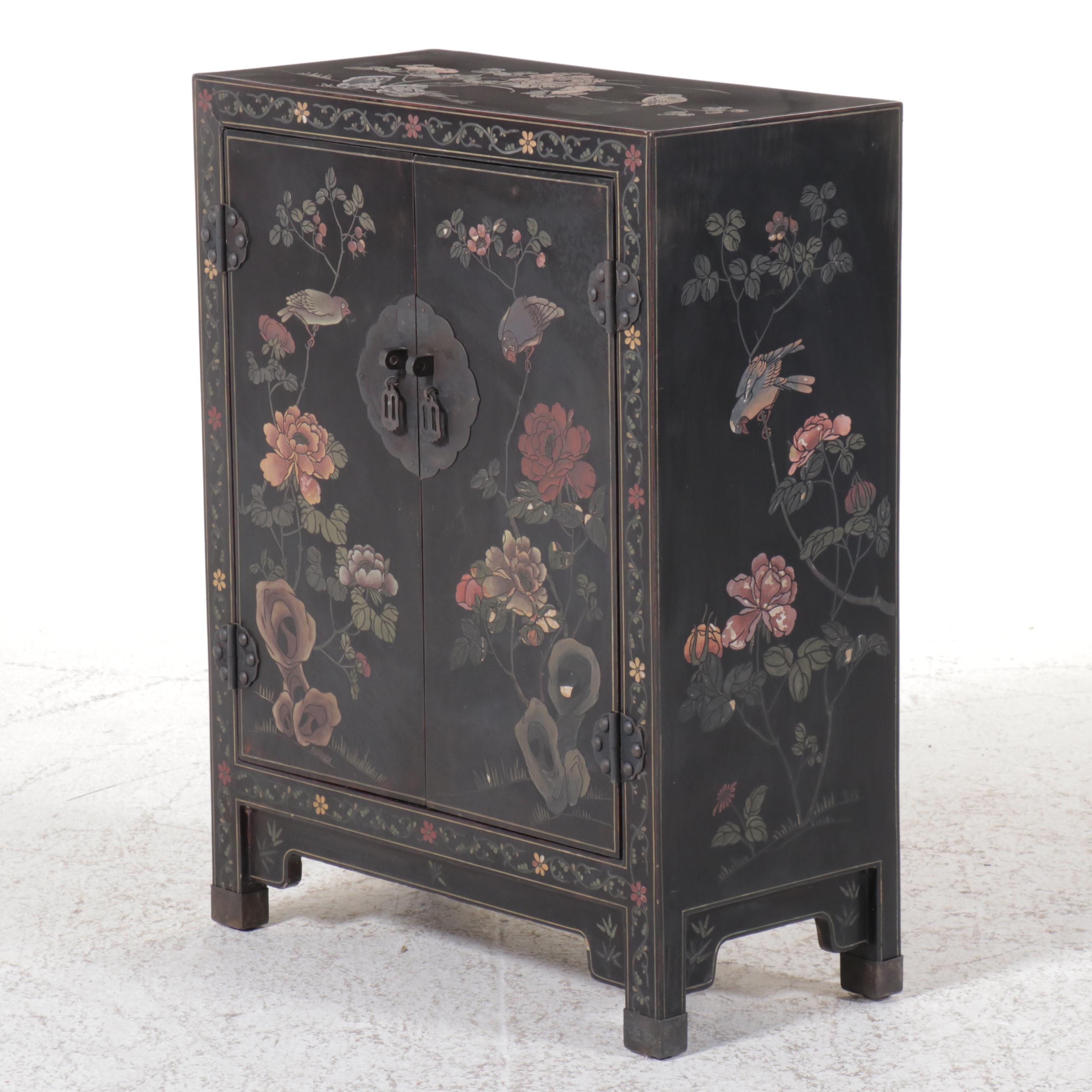 Pair of Chinese Paint Decorated Black Lacquered Cabinets, 20th Century