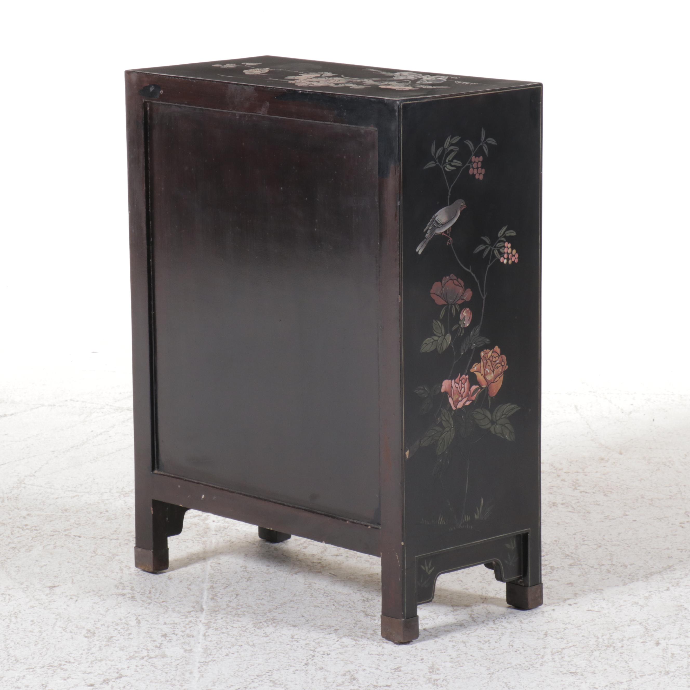 Pair of Chinese Paint Decorated Black Lacquered Cabinets, 20th Century