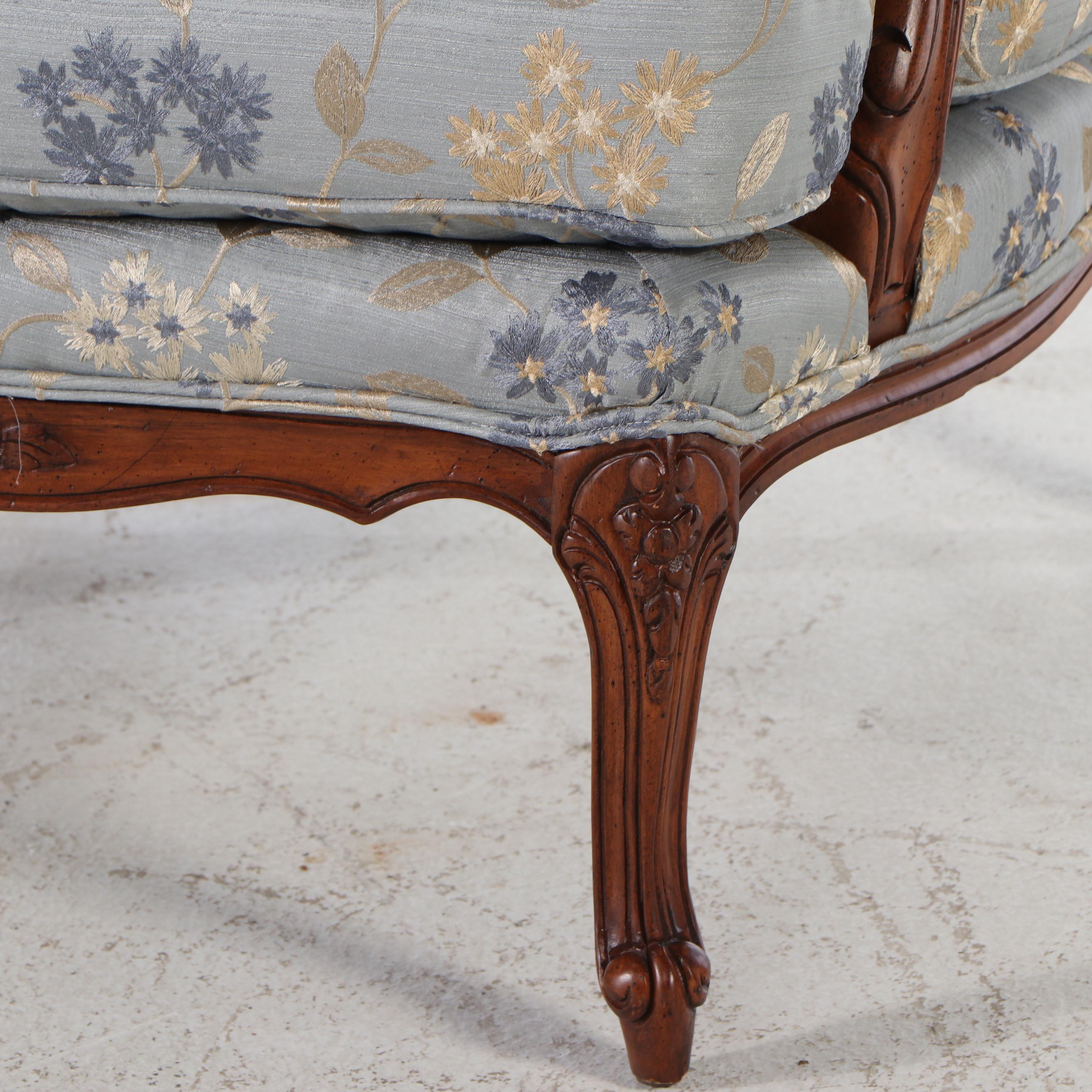 Louis XV Style Carved Mahogany Fauteuil with Floral Brocade Upholstery