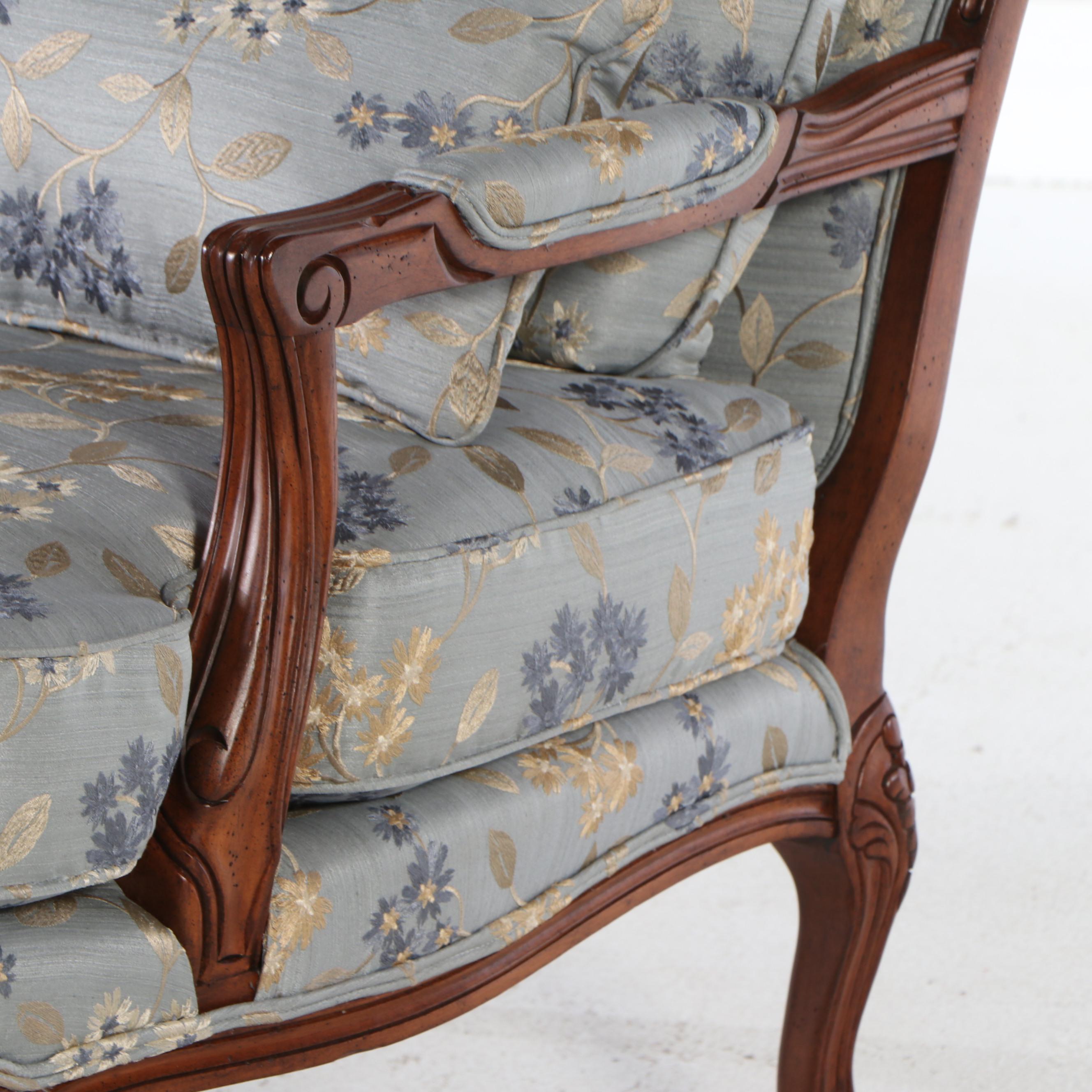 Louis XV Style Carved Mahogany Fauteuil with Floral Brocade Upholstery