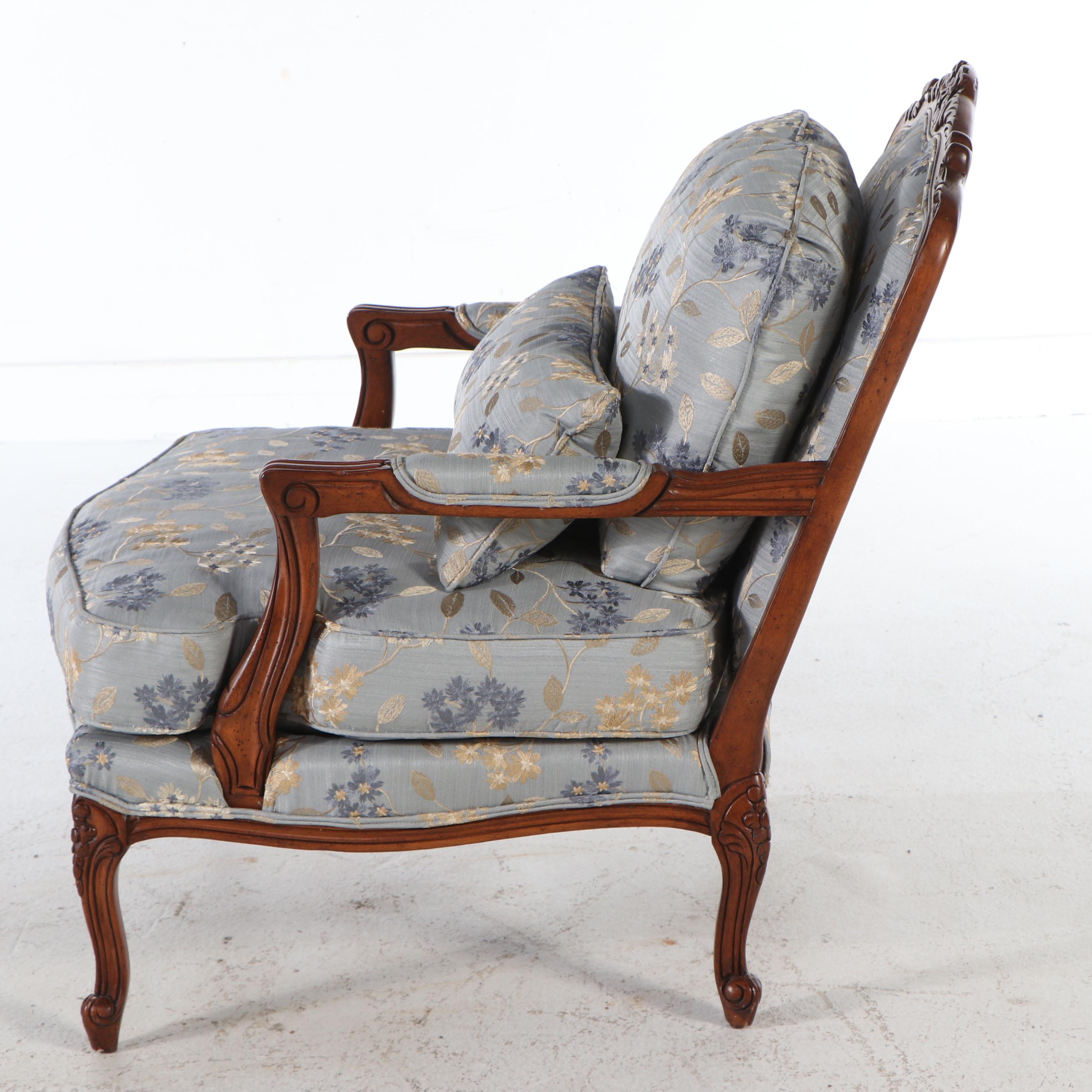 Louis XV Style Carved Mahogany Fauteuil with Floral Brocade Upholstery