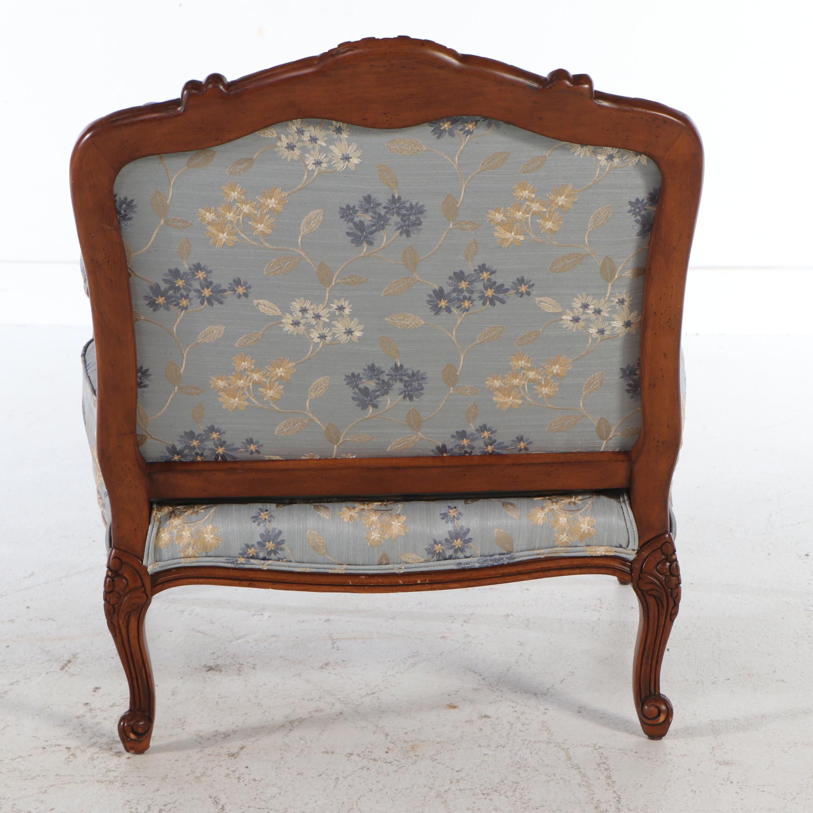 Louis XV Style Carved Mahogany Fauteuil with Floral Brocade Upholstery