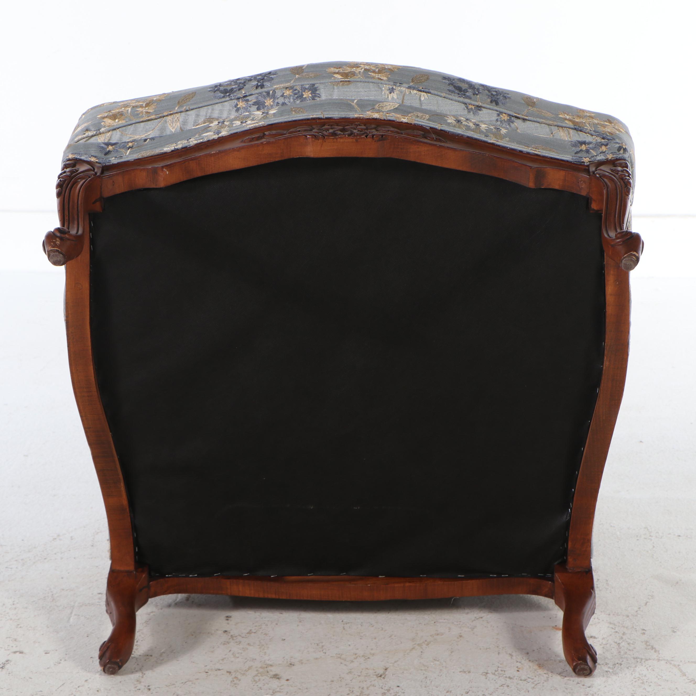 Louis XV Style Carved Mahogany Fauteuil with Floral Brocade Upholstery