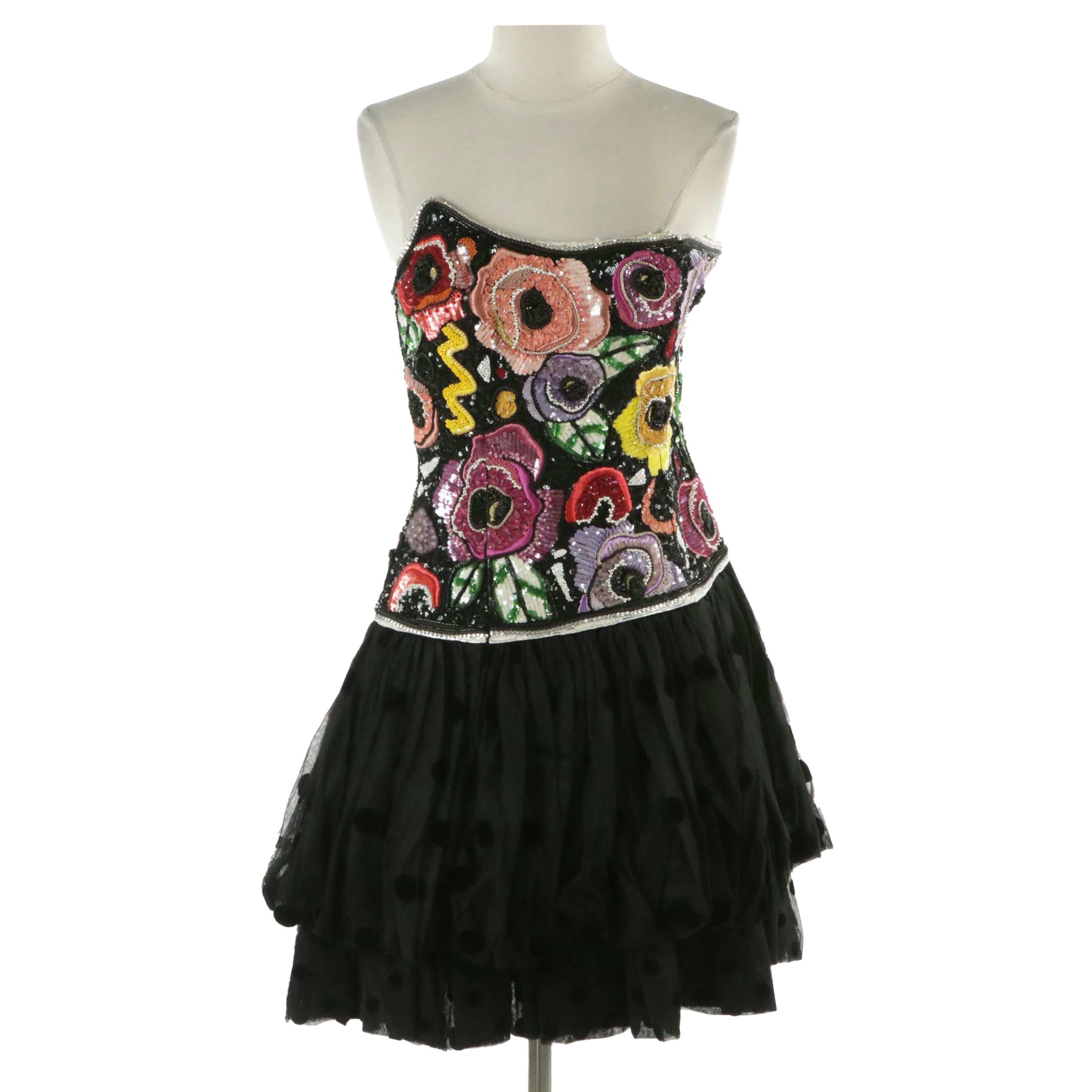 Louis Féraud Floral Bead/Sequin Embellished and Embroidered Party Dress, 1980s