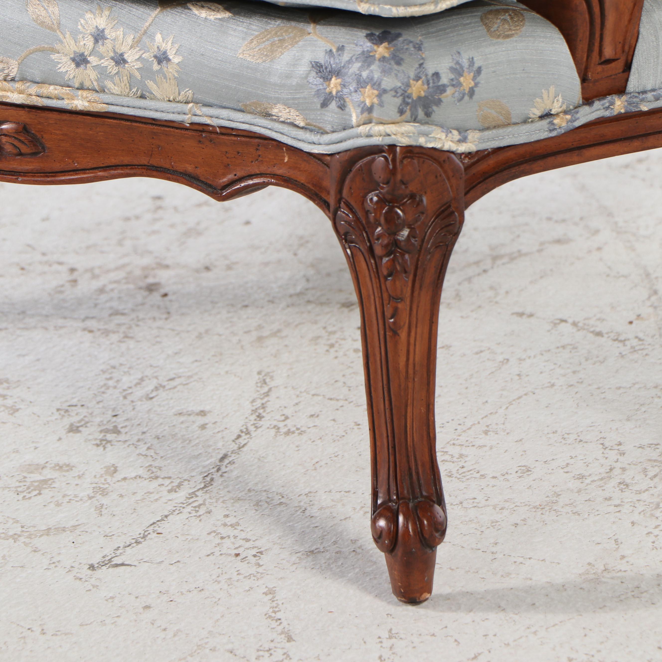 Louis XV Style Carved Mahogany Fauteuil with Floral Brocade Upholstery
