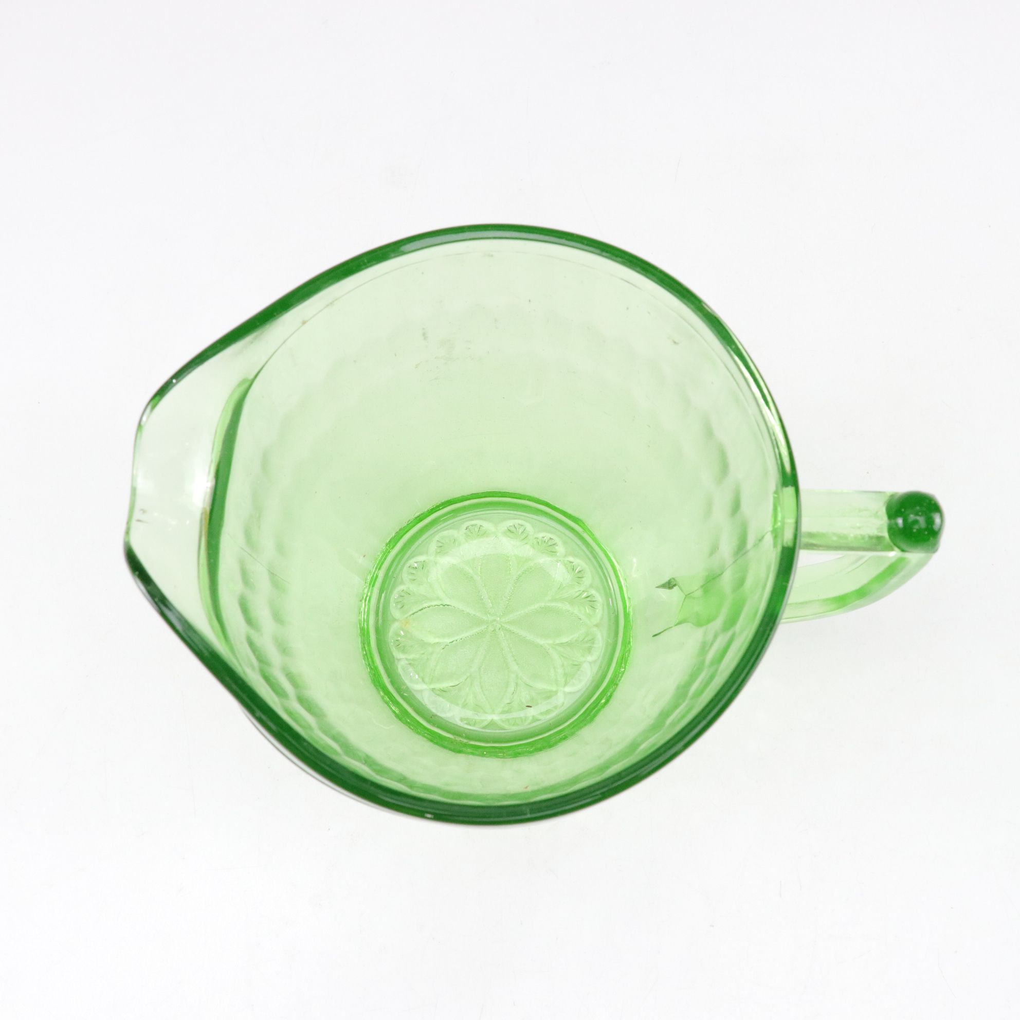 Uranium Glass Pitcher with Pfaltzgraff "Valencia" Bottles and Green Carafe