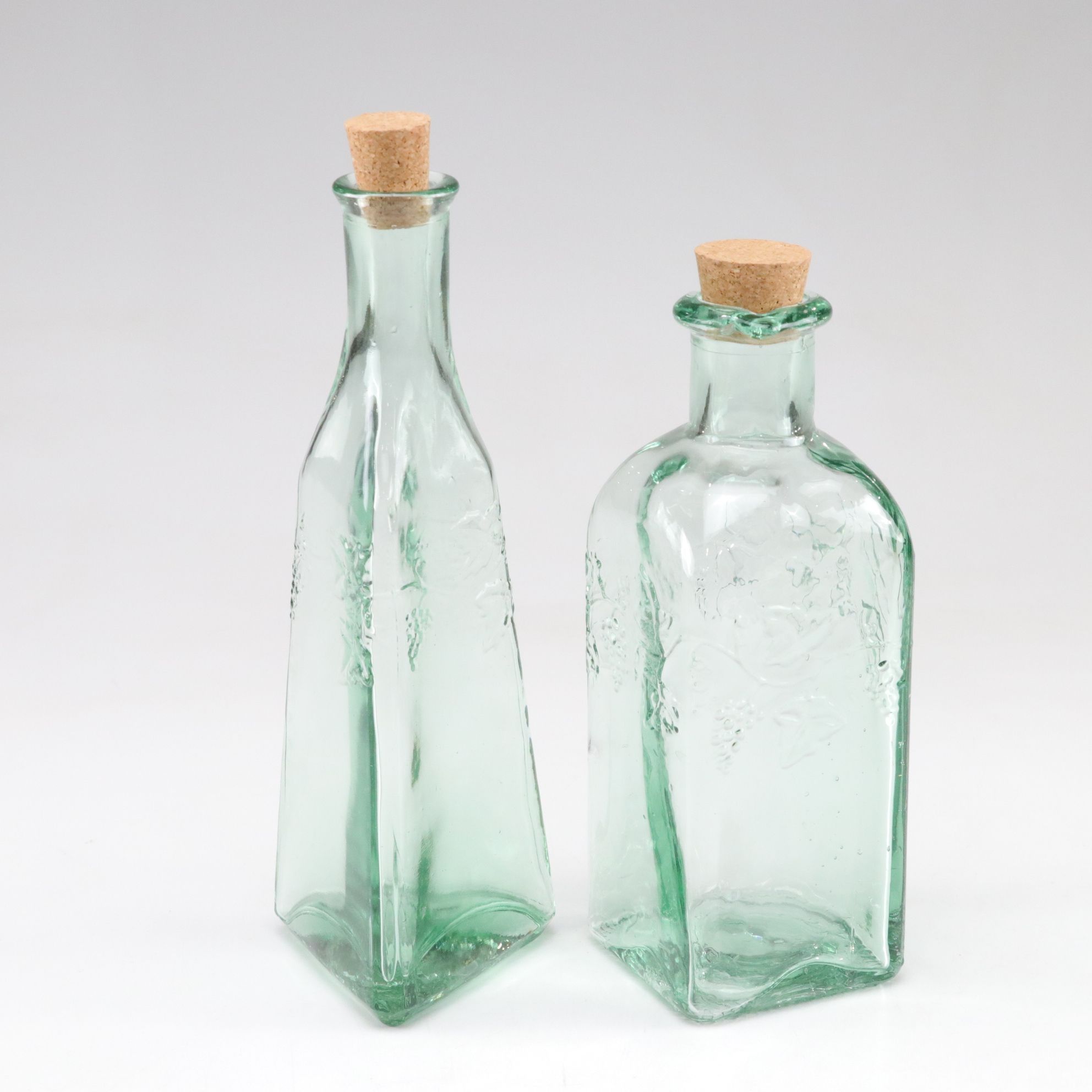 Uranium Glass Pitcher with Pfaltzgraff "Valencia" Bottles and Green Carafe