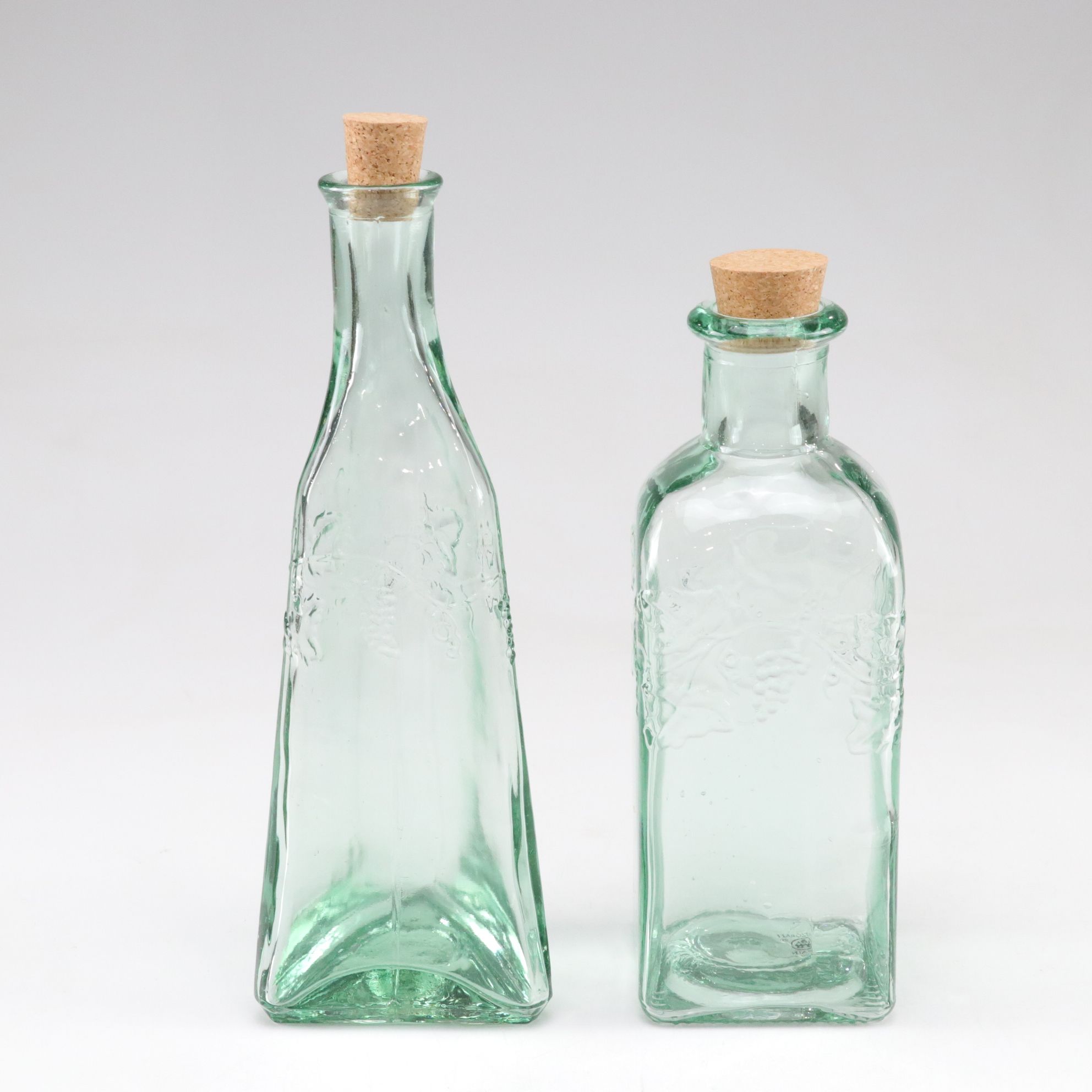 Uranium Glass Pitcher with Pfaltzgraff "Valencia" Bottles and Green Carafe