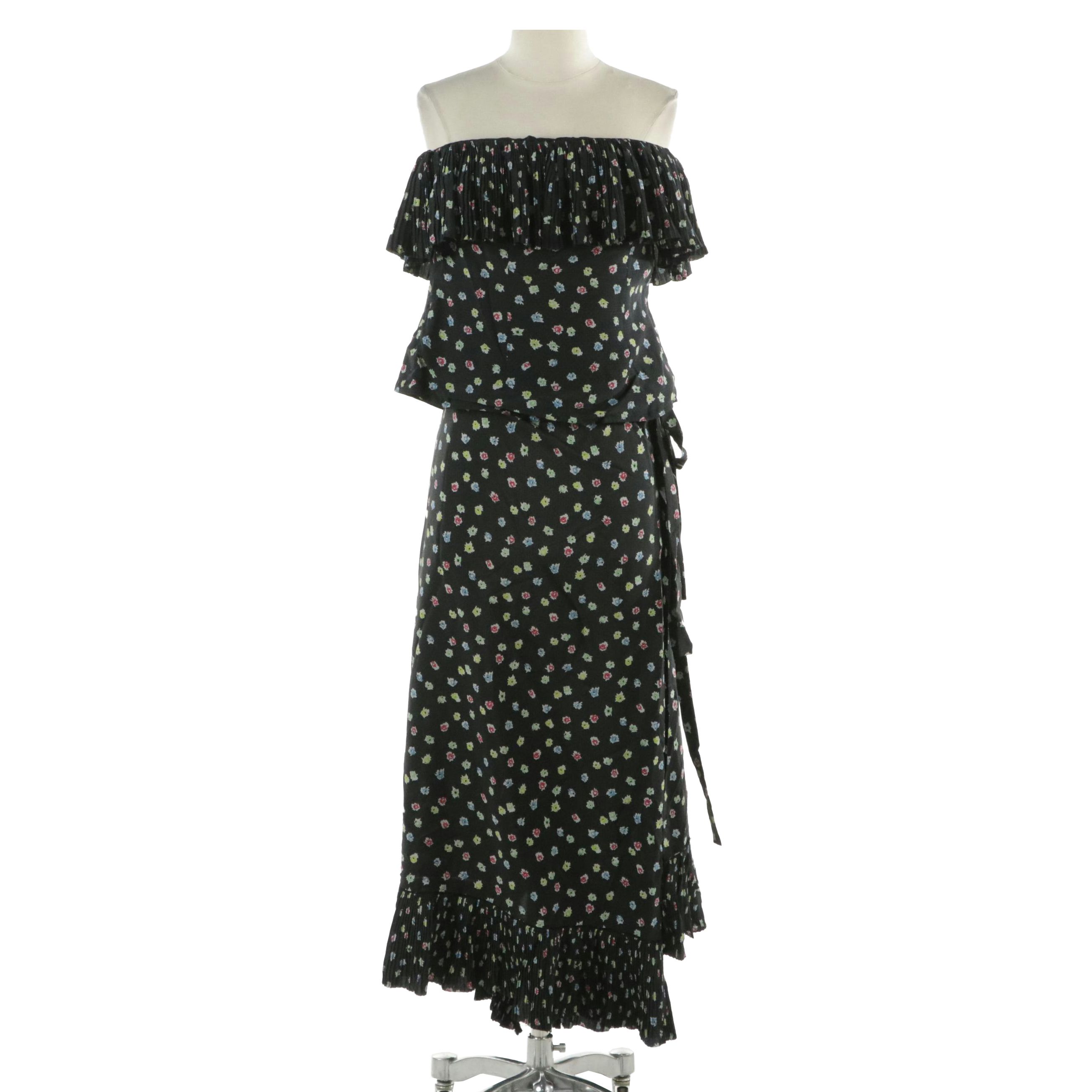 Chloé Vintage Strapless Top and Maxi Wrap Skirt in Pleated Floral Silk Jacquard