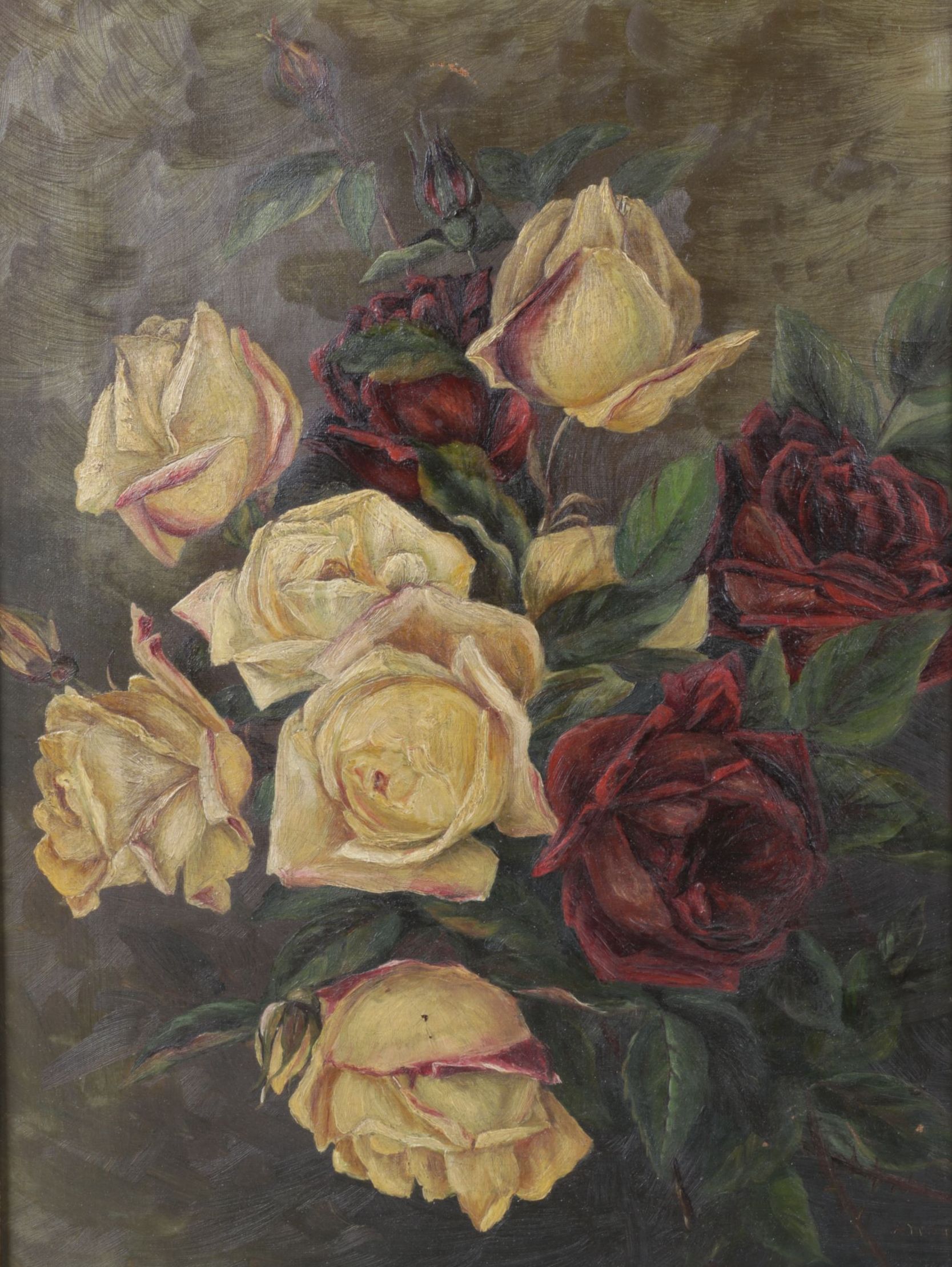 Still Life Oil Painting of Bouquet of Lemon and Cherry Colored Roses