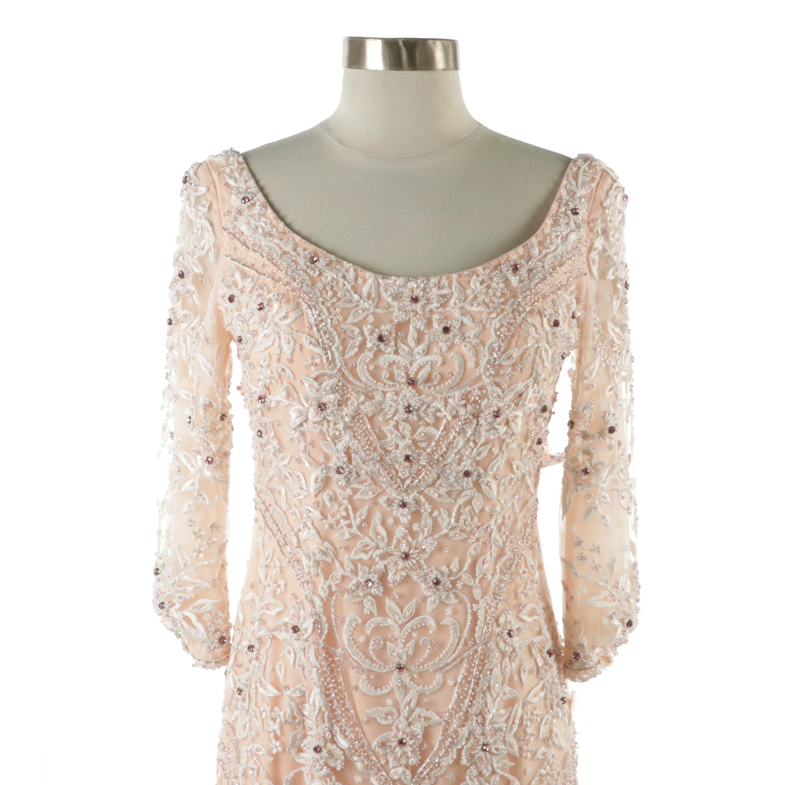 Stephen Yearick Ivory Peach Heavy Embellished Gown, With Tag