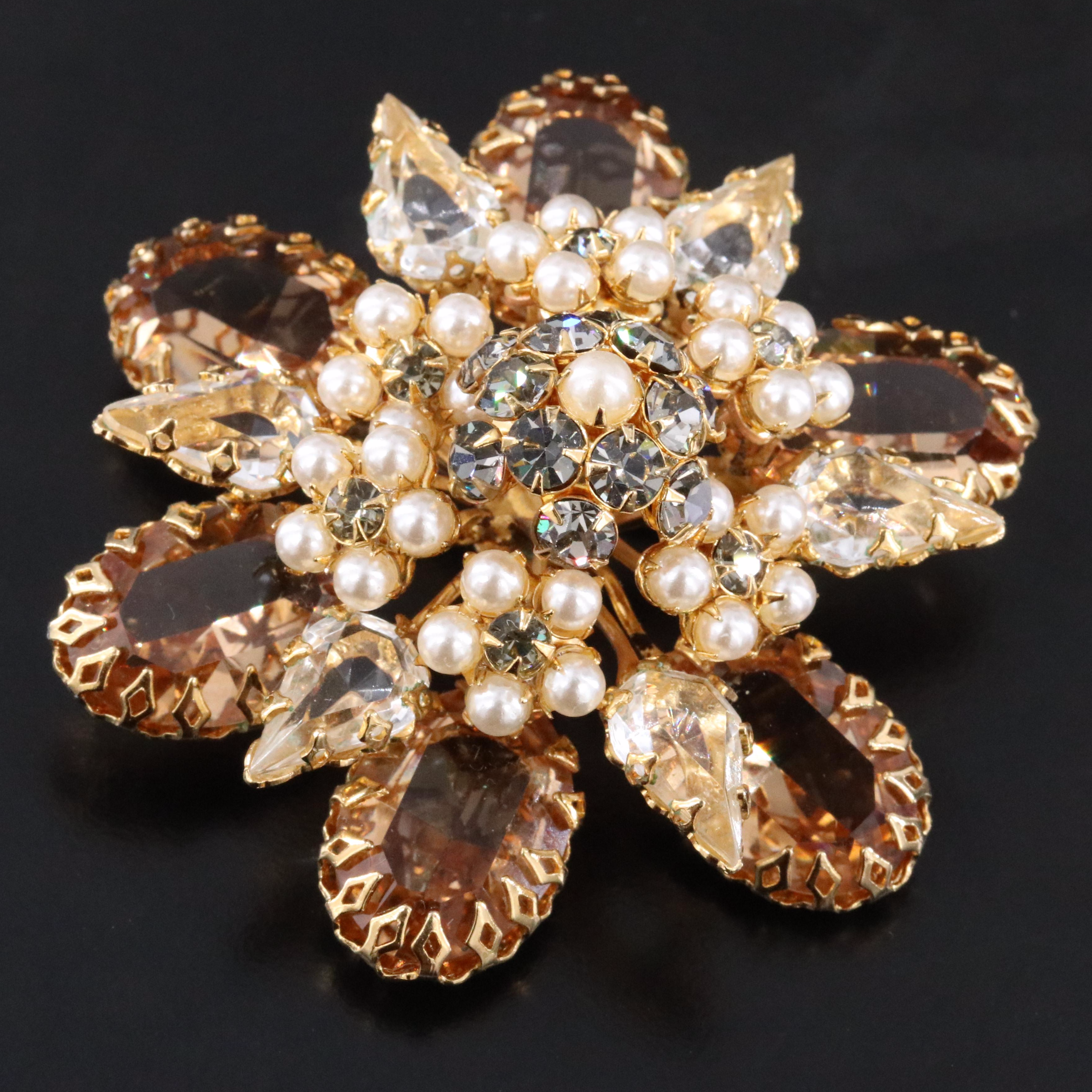Schreiner Crystal and Imitation Pearl Flower Brooch