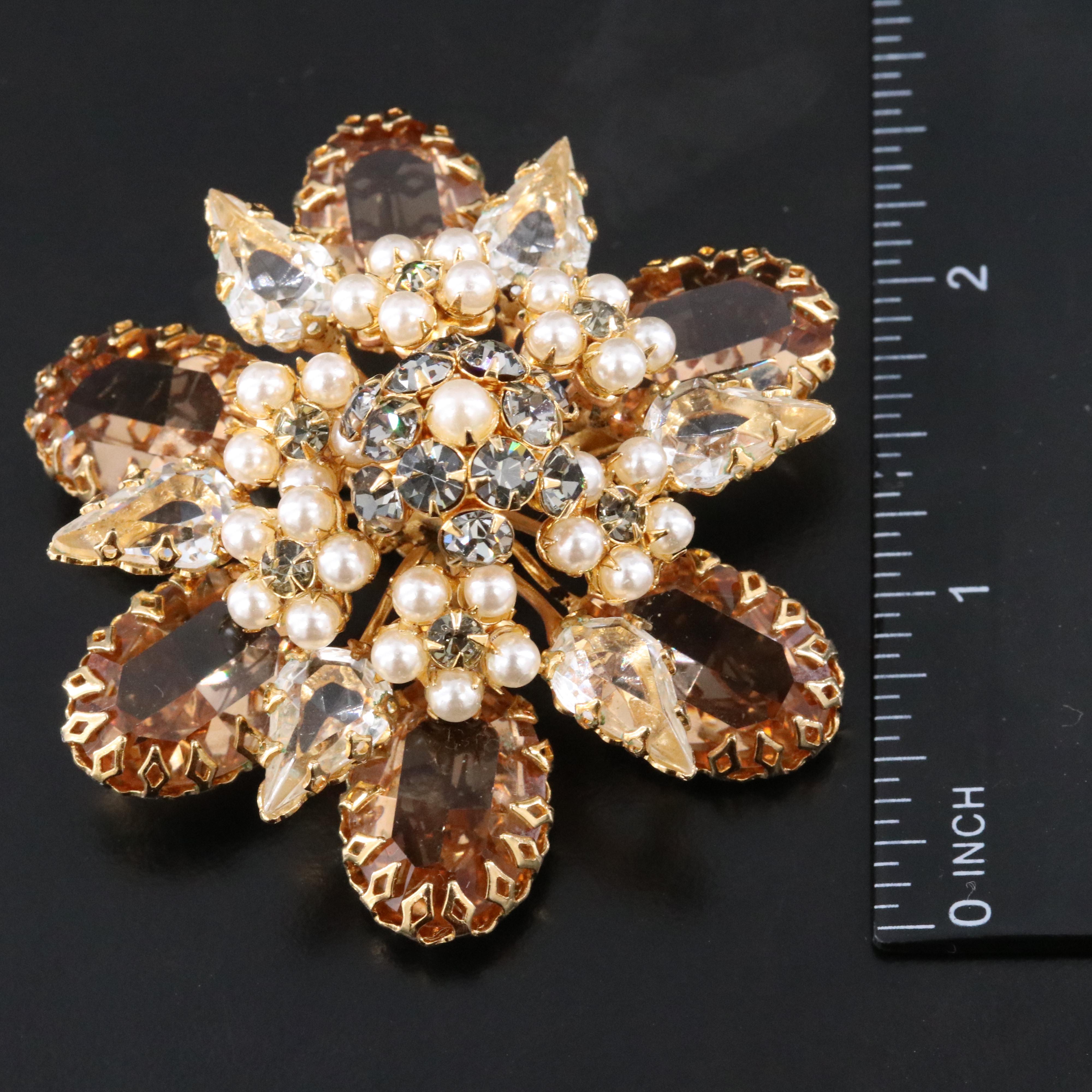 Schreiner Crystal and Imitation Pearl Flower Brooch