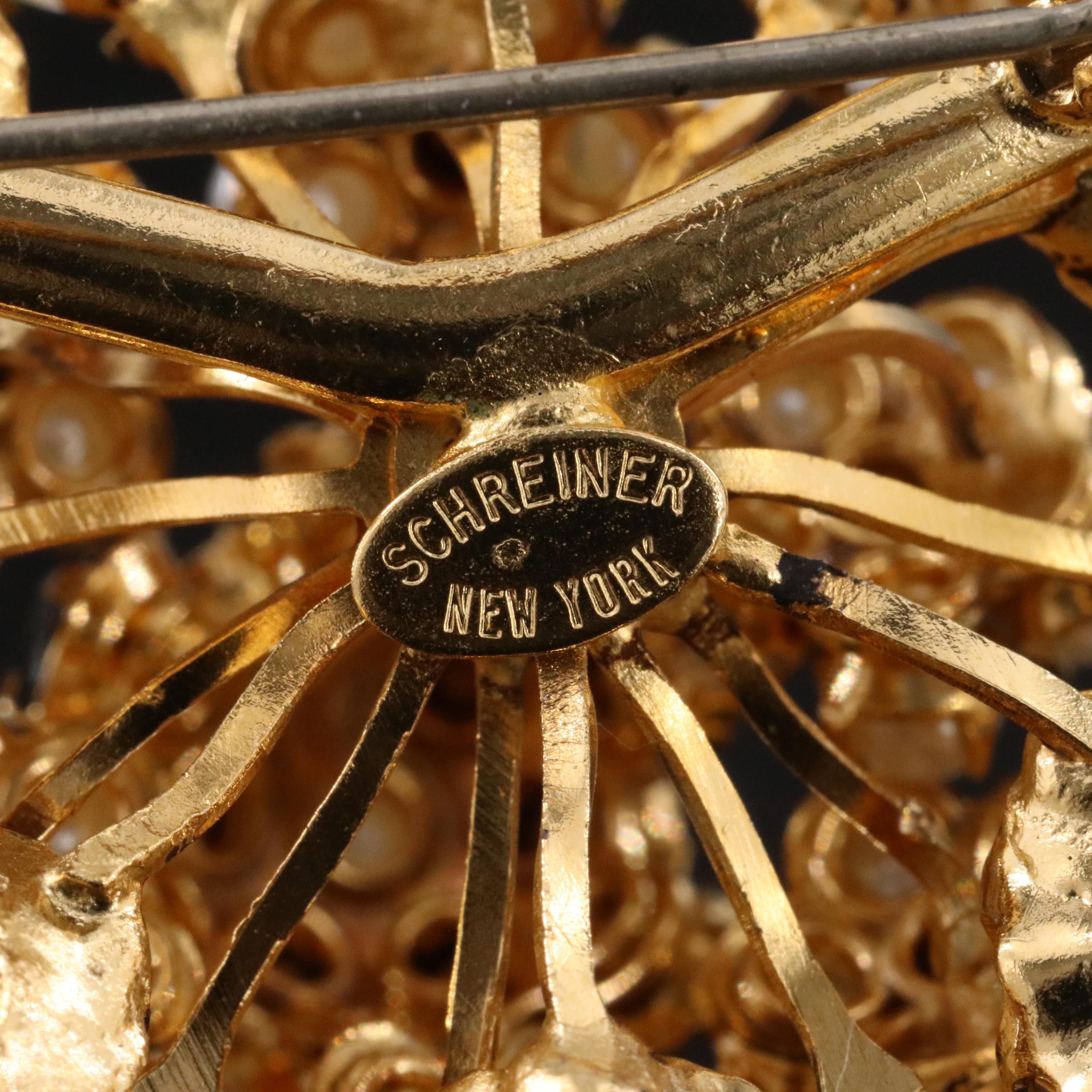 Schreiner Crystal and Imitation Pearl Flower Brooch