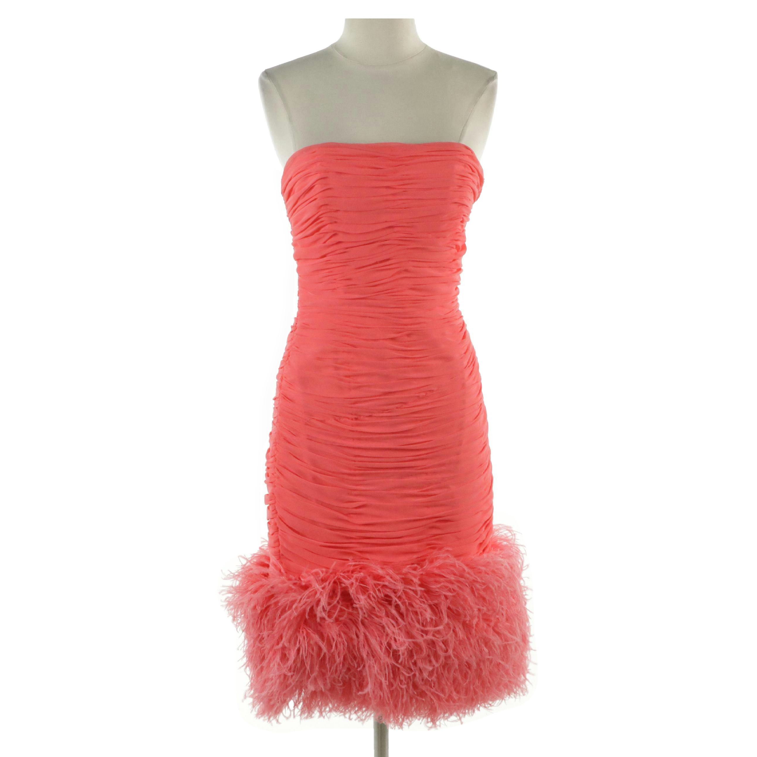 Victor Costa Pink Strapless Feather Trimmed Ruched Cocktail Dress