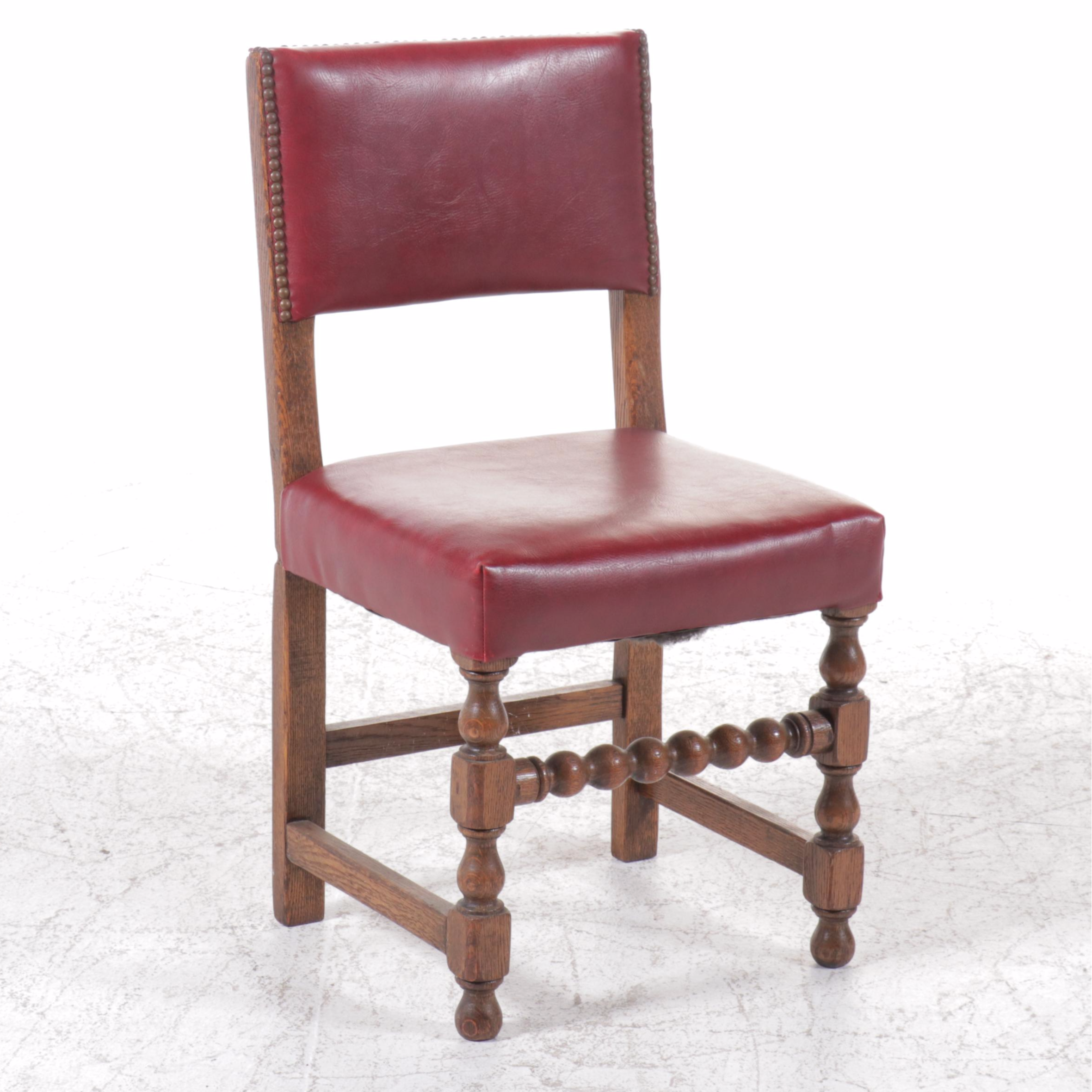 Set of Six Gothic Revival Style Oak and Red Vinyl Dining Chairs