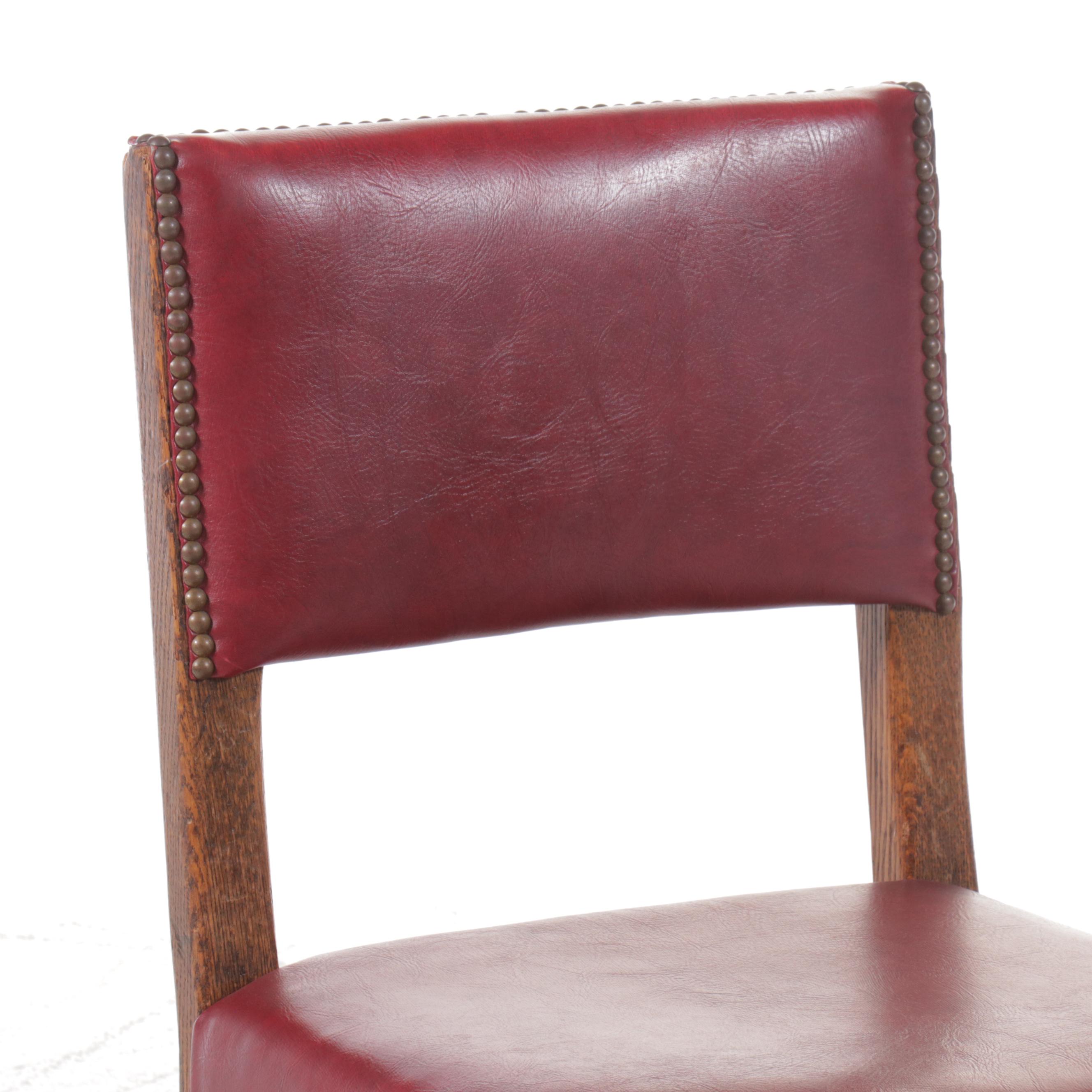 Set of Six Gothic Revival Style Oak and Red Vinyl Dining Chairs