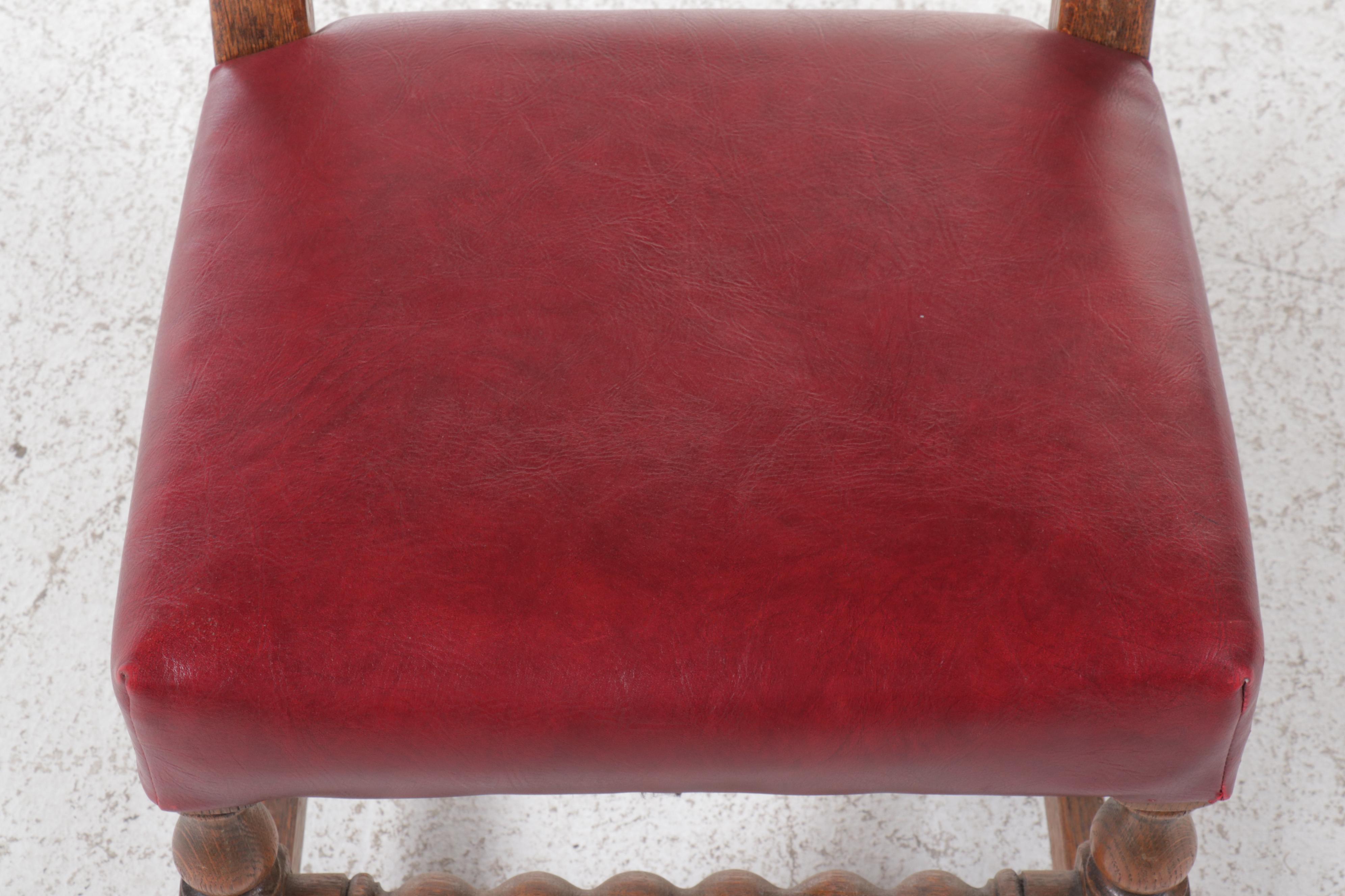 Set of Six Gothic Revival Style Oak and Red Vinyl Dining Chairs