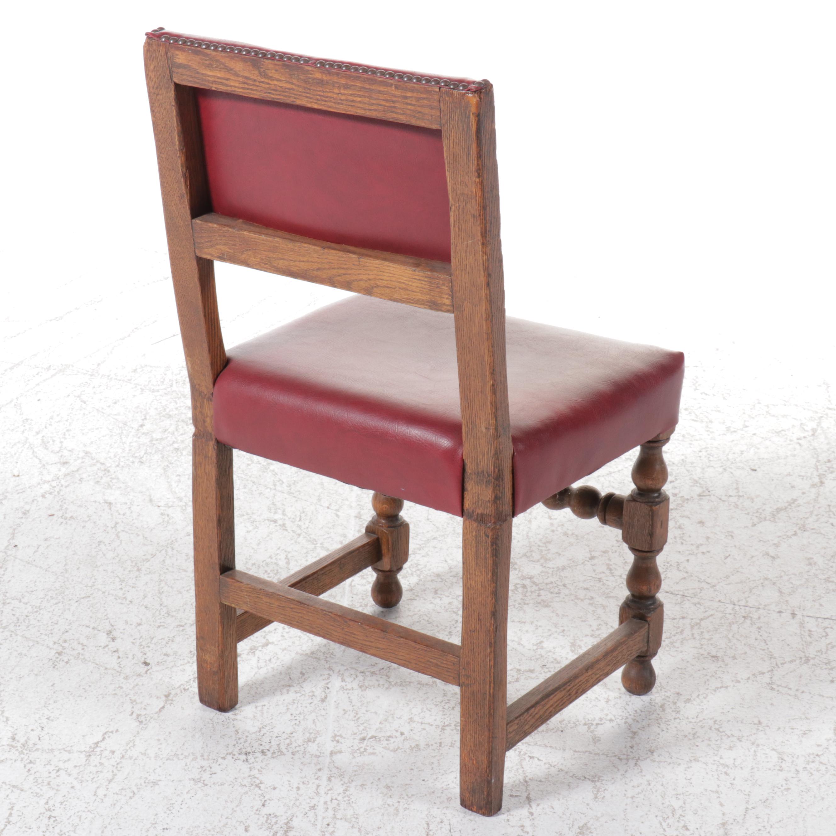 Set of Six Gothic Revival Style Oak and Red Vinyl Dining Chairs