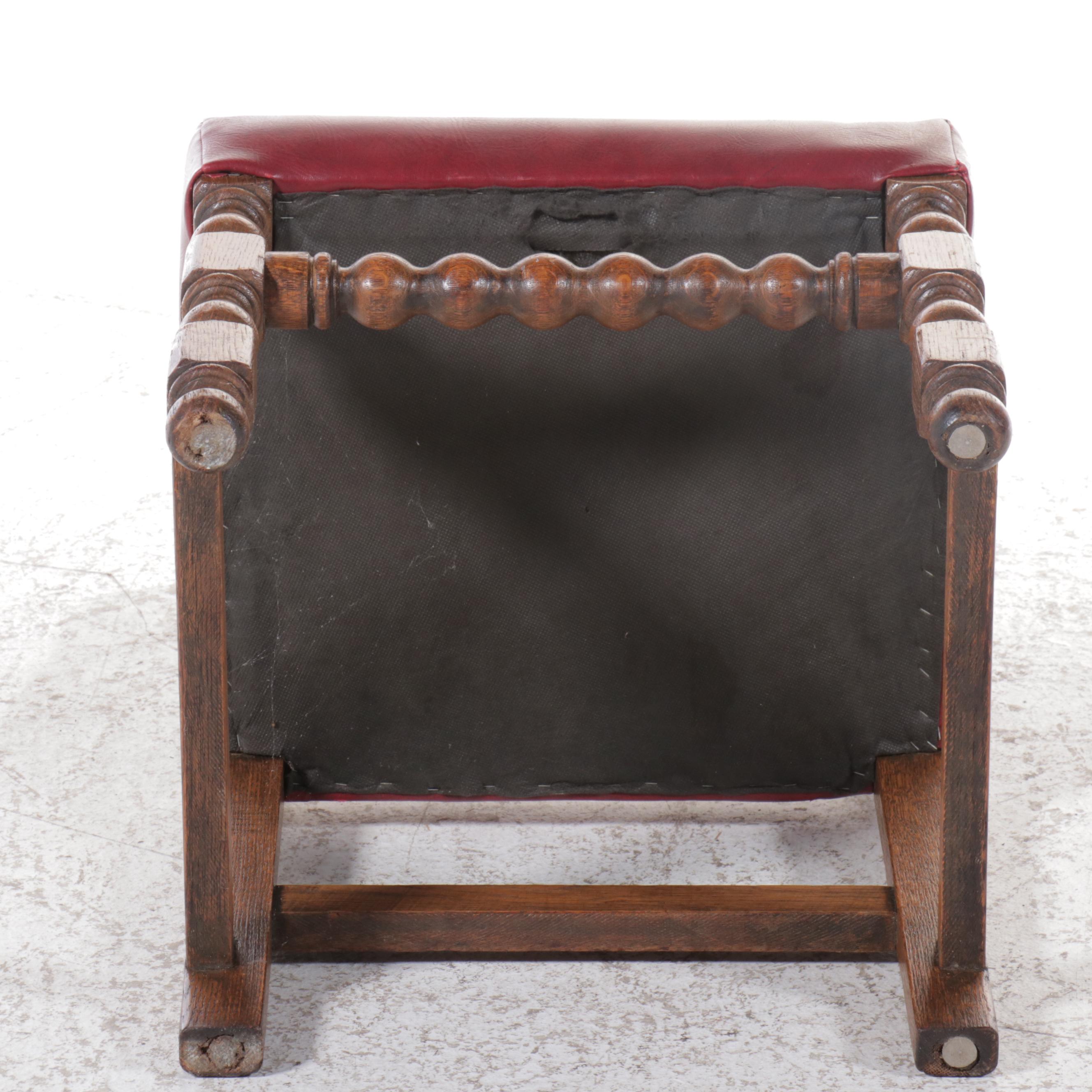 Set of Six Gothic Revival Style Oak and Red Vinyl Dining Chairs